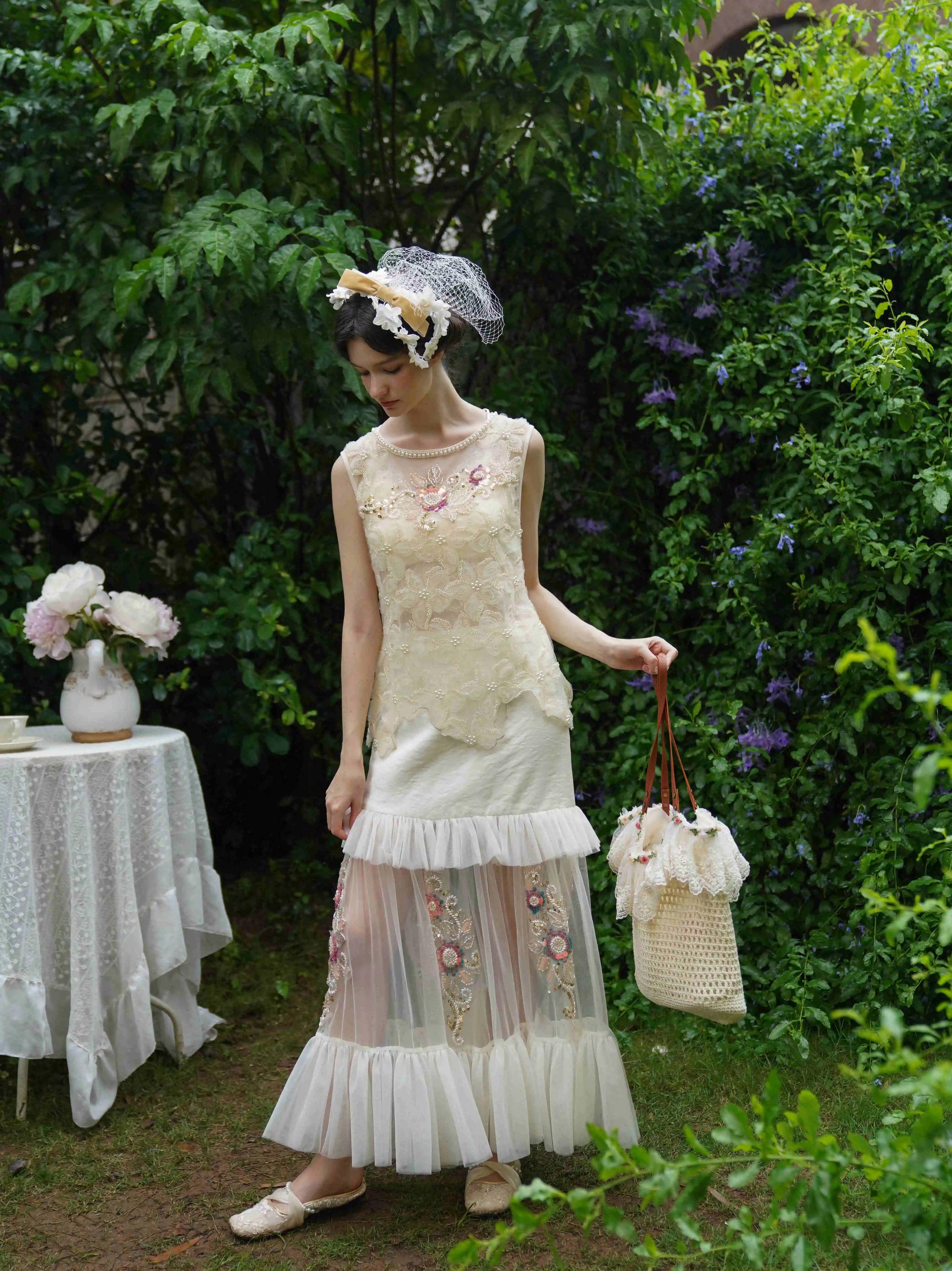 The Aurelia Beaded Gauze Skirt | Hand-Stitched Apricot Maxi | French Flounce Skirt with Ear Fringe | Parisian Princess