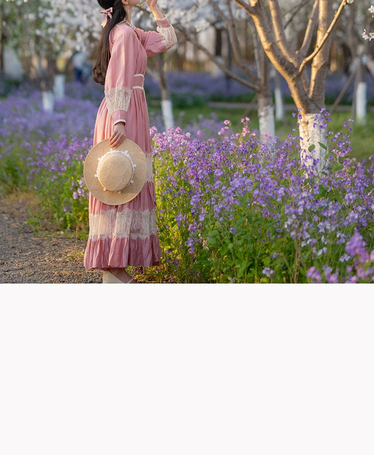 Parisian Long Maxi Women Ladies Dress Full Lantern Sleeve Pink Lace Patchwork 2025 New S-XL Spring Autumn Summer Square Collar