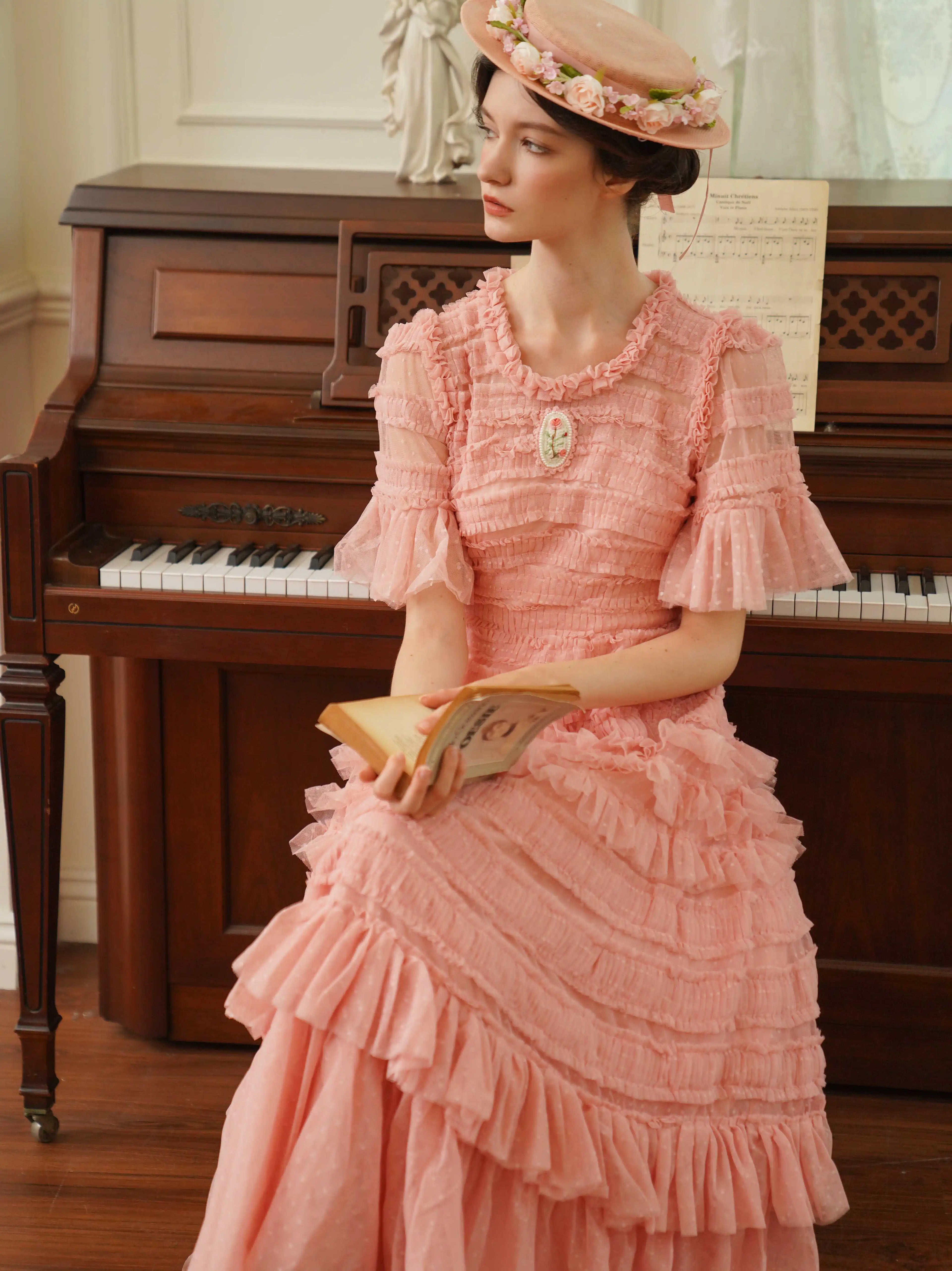 The Candy-Pink Promenade Gown | Hand-Embroidered Tiered Ballgown | Spring Mesh Cake Dress | Parisian Princess