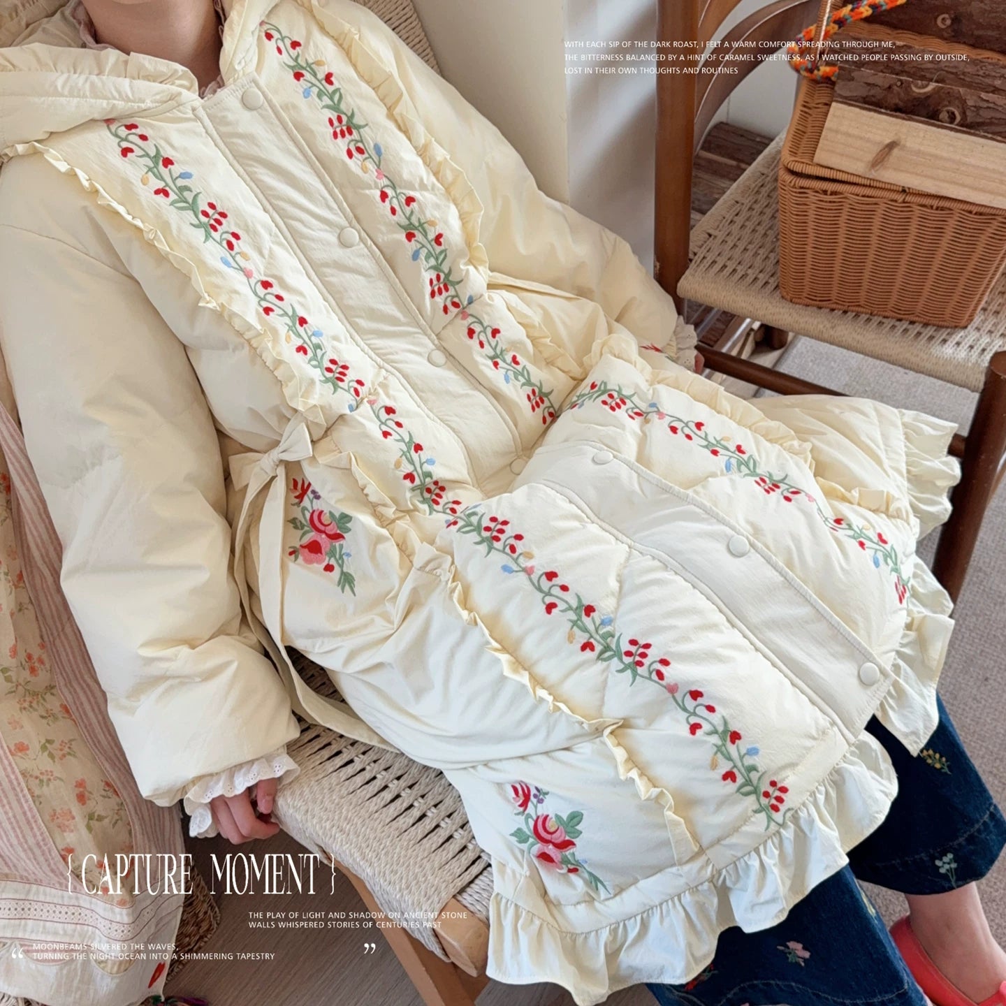 Parisian Women Full Sleeve Long Mid-Calf Thick Outerwear Hoode Zipper Down Jacket Embroidery Warm Coats Japanese Style