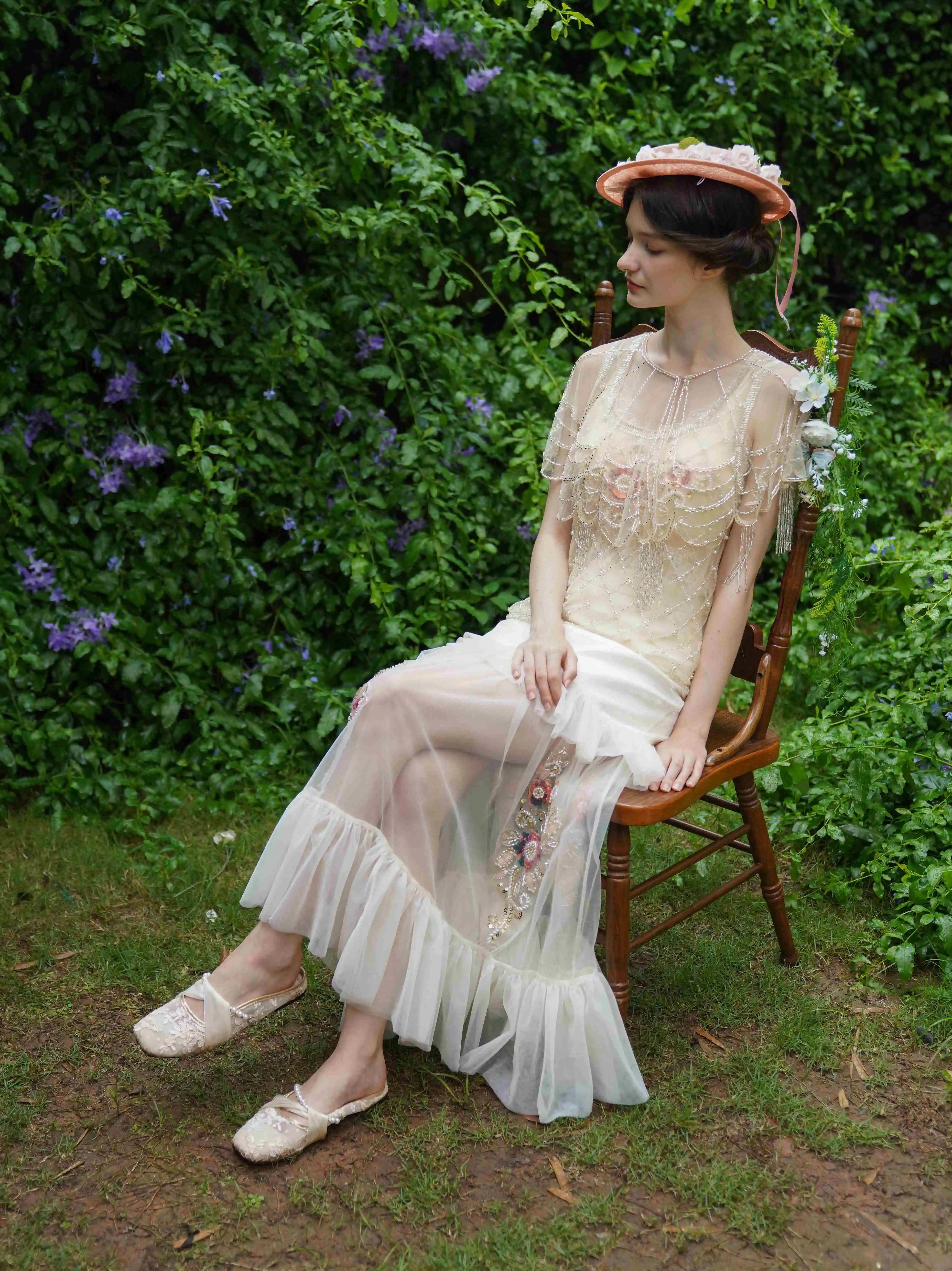 The Aurelia Beaded Gauze Skirt | Hand-Stitched Apricot Maxi | French Flounce Skirt with Ear Fringe | Parisian Princess