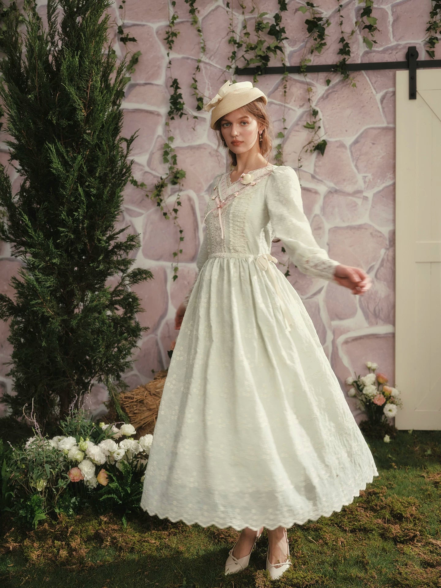 The Fontainebleau Emerald Garden Gown | Green Lantern Sleeve Lace Maxi | Vintage Empire Waist Dress | Parisian Princess