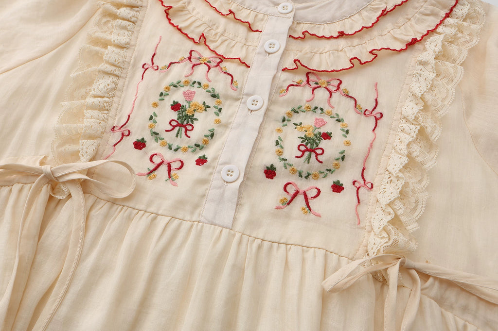 The Antique Botanical Tea Dress | French Forest Girl Embroidery Gown | Loose Fit Cotton-Ramie Jute Aesthetic Midi | Parisian Princess