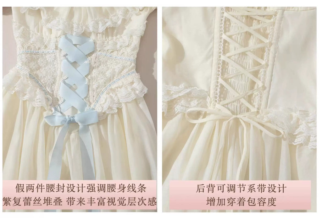 French Countryside Dress Full Lantern Sleeve Long Maxi Ladies XS-XL Vintage High Waist Lace Slash Neck White Lace Up 2025