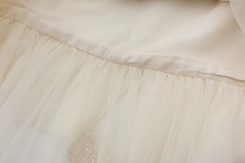 The Aurelia Beaded Gauze Skirt | Hand-Stitched Apricot Maxi | French Flounce Skirt with Ear Fringe | Parisian Princess