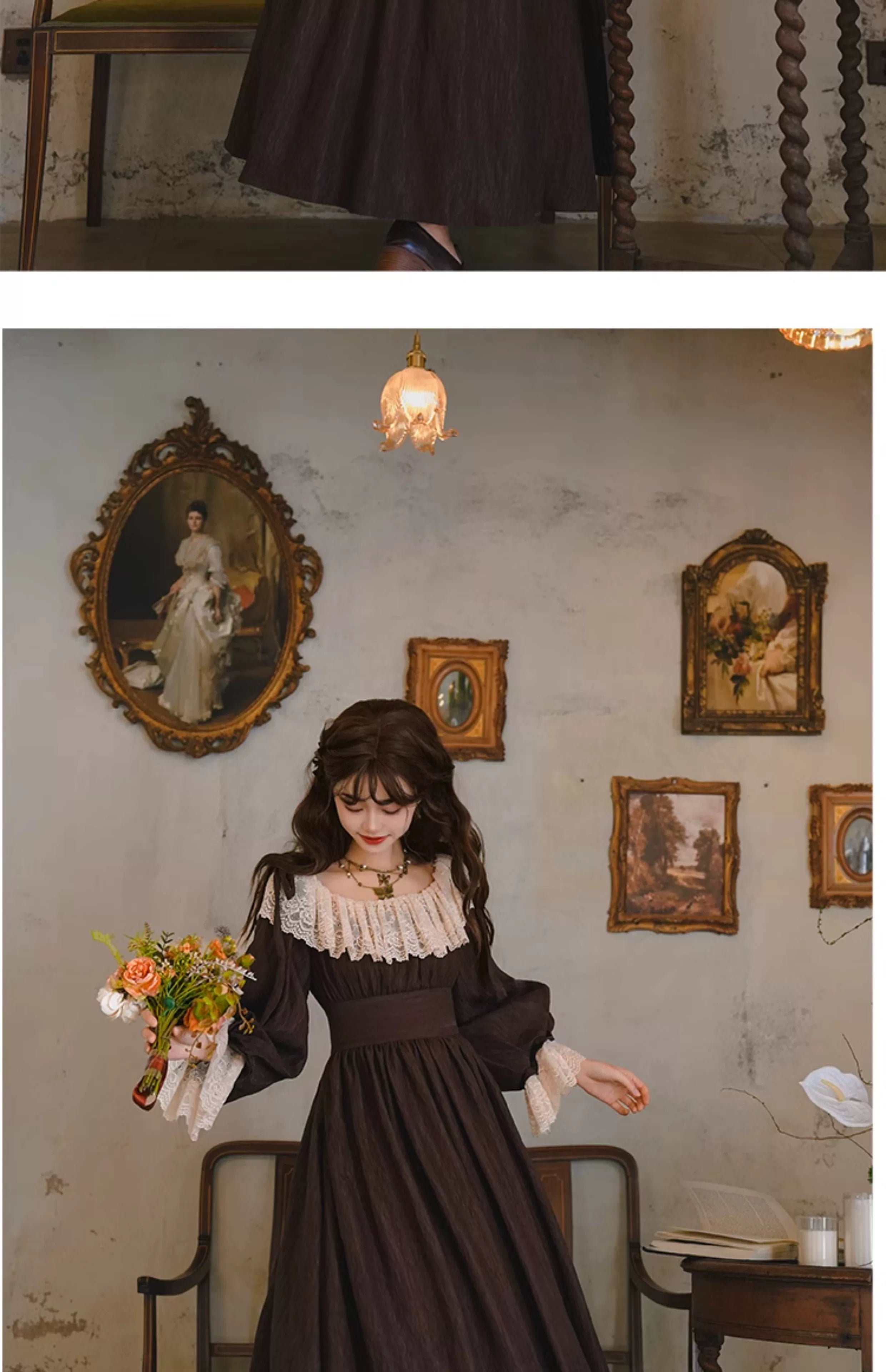 Parisian Women French Court Retro Lace Corset Puff Sleeve Jacquard Texture Dress