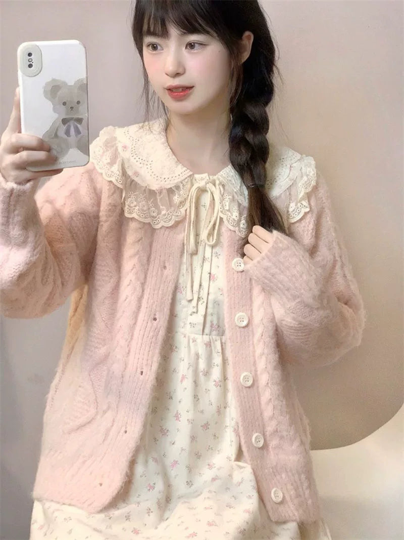 Autumn Winter Parisian Sweet Super Fairy Knitting Cardigan Sweater Outwear + Doll Collar Floral Dress Two-piece Set Women's Clothing