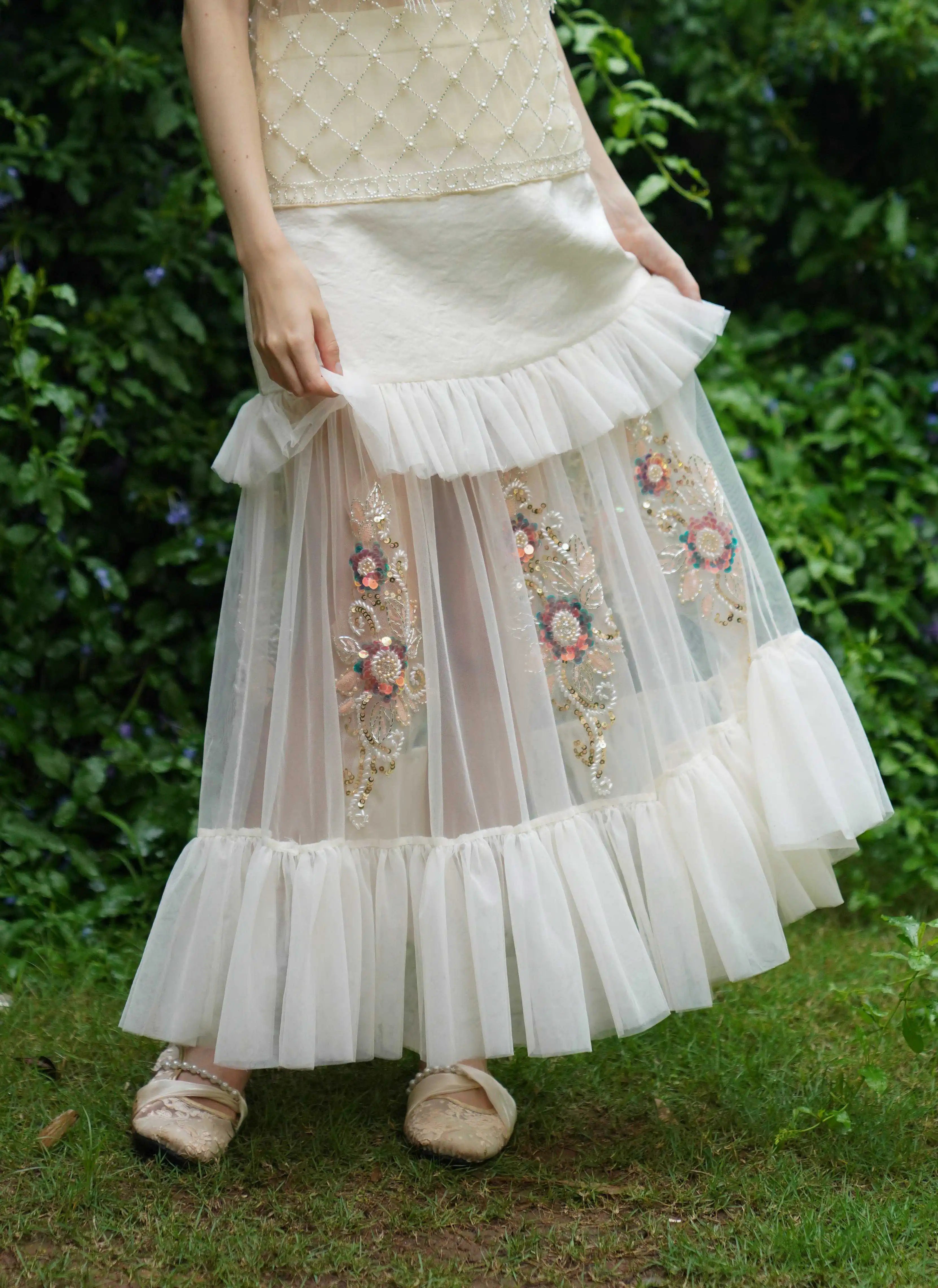 The Aurelia Beaded Gauze Skirt | Hand-Stitched Apricot Maxi | French Flounce Skirt with Ear Fringe | Parisian Princess
