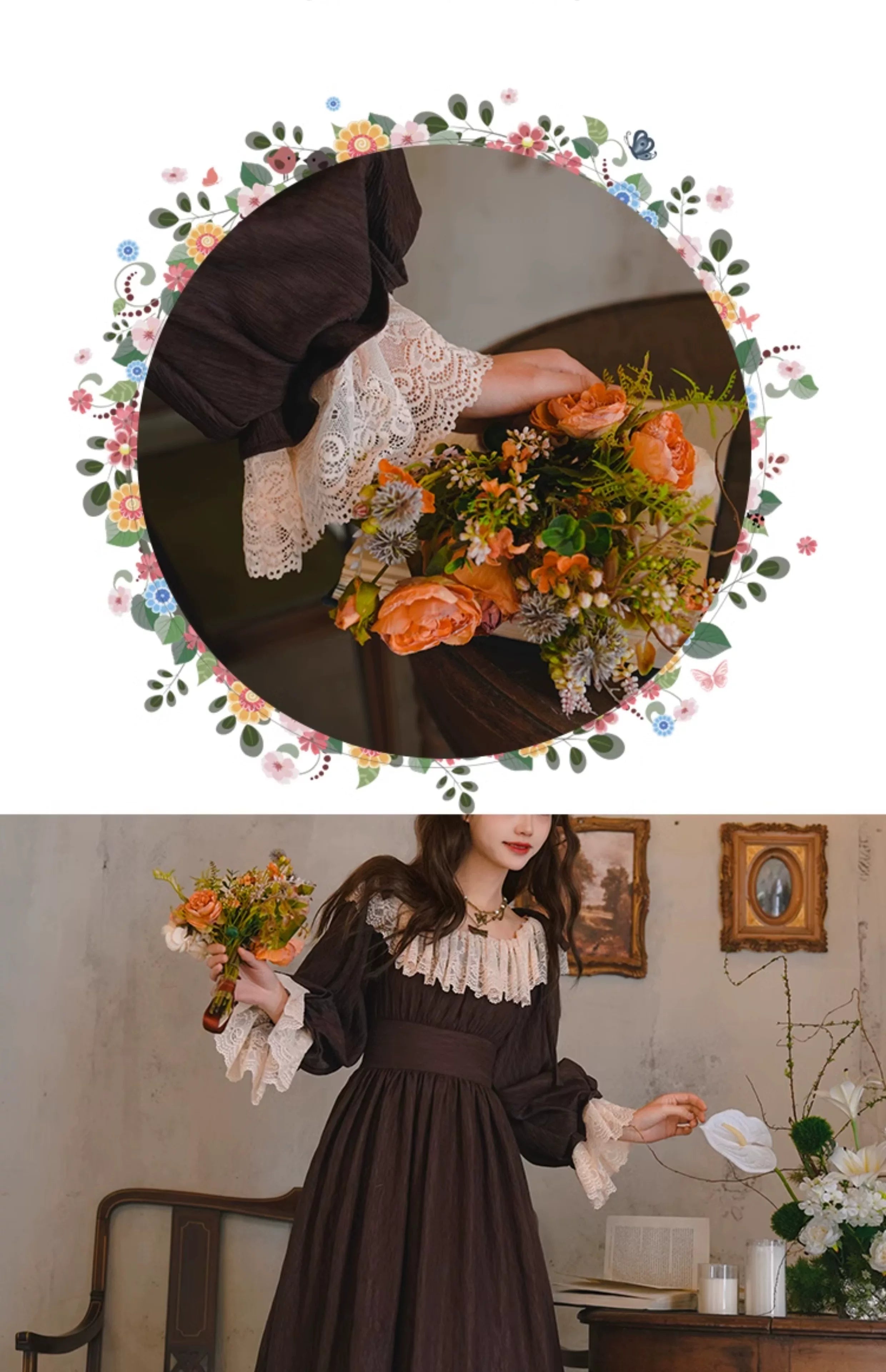 Parisian Women French Court Retro Lace Corset Puff Sleeve Jacquard Texture Dress