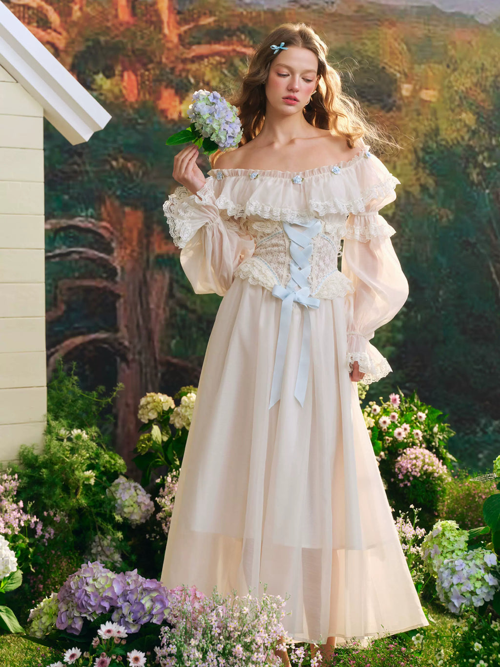 French Countryside Dress Full Lantern Sleeve Long Maxi Ladies XS-XL Vintage High Waist Lace Slash Neck White Lace Up 2025