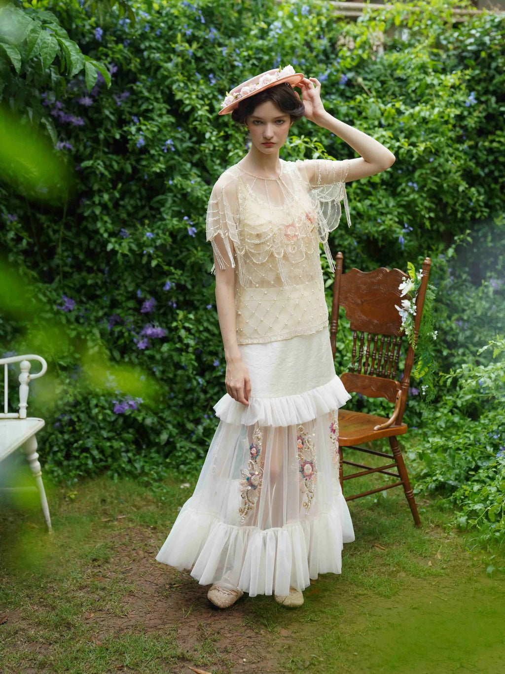 The Aurelia Beaded Gauze Skirt | Hand-Stitched Apricot Maxi | French Flounce Skirt with Ear Fringe | Parisian Princess
