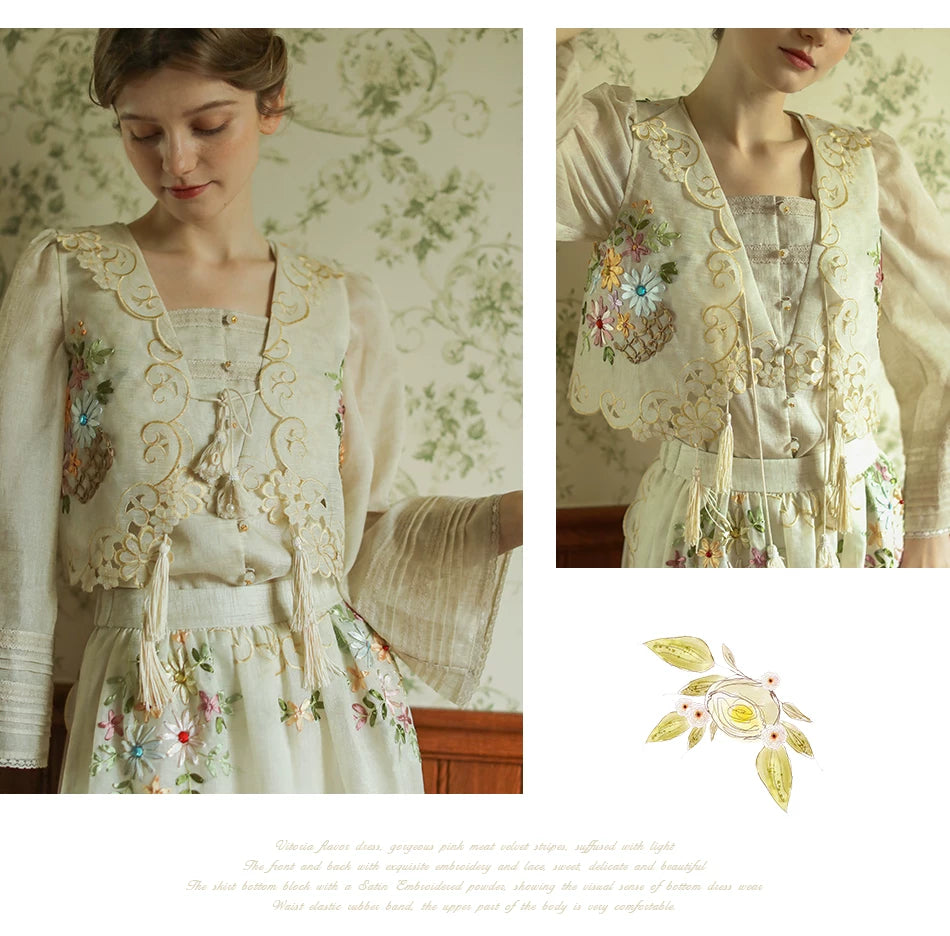 The Trianon Embroidered Vest | French Cotton Floral Waistcoat | Vintage Botanical Tassel Gilet | Parisian Princess
