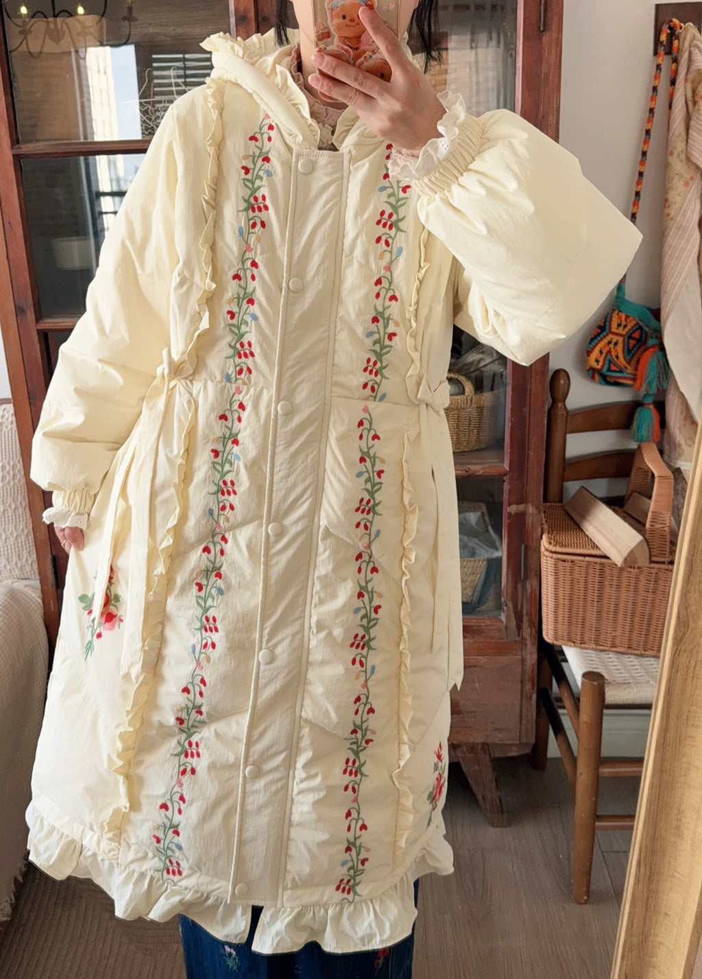 Parisian Women Full Sleeve Long Mid-Calf Thick Outerwear Hoode Zipper Down Jacket Embroidery Warm Coats Japanese Style