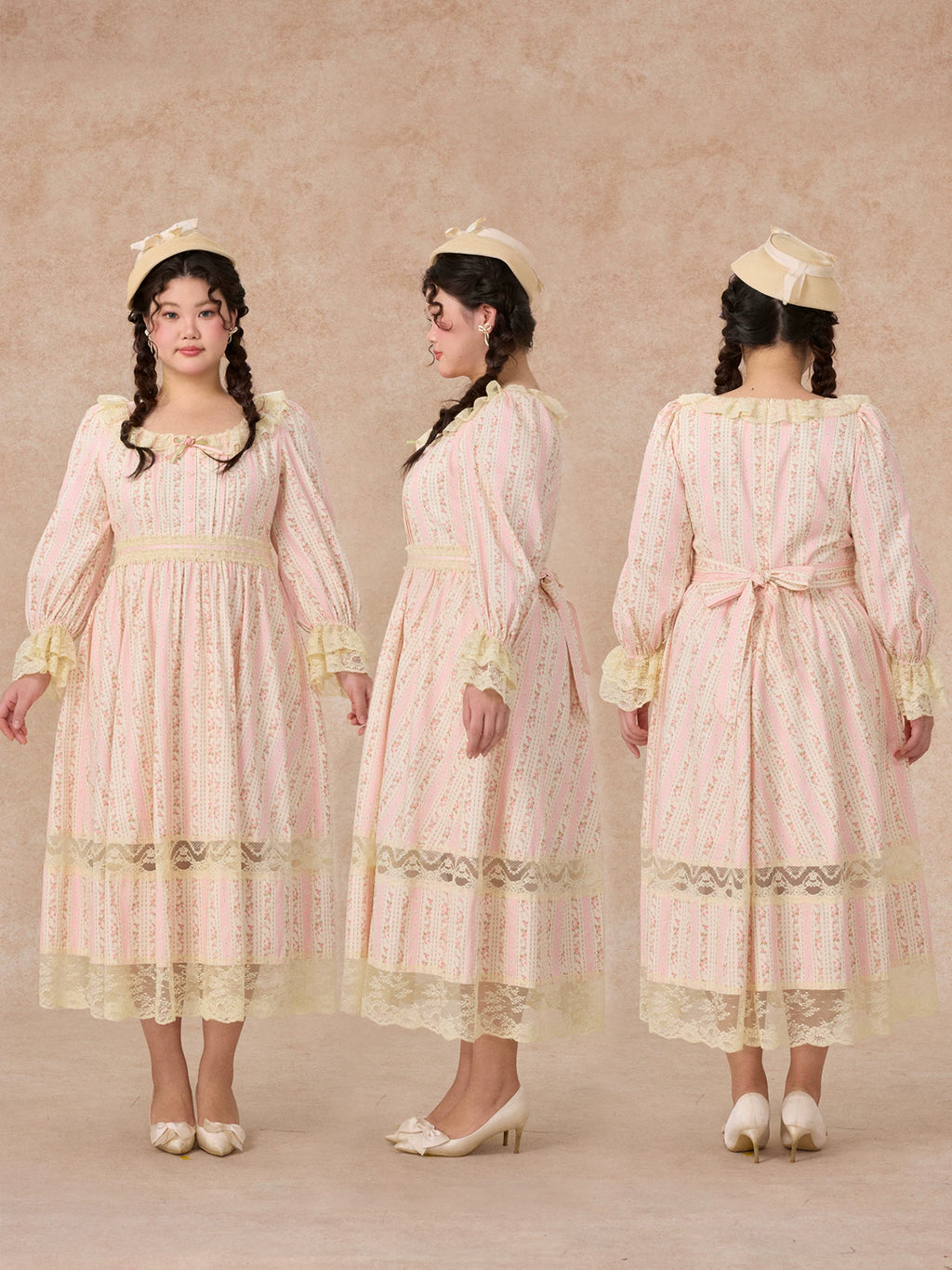 The Curvy Court Bordeaux Beauty Dress | French Lace-Up Lantern Sleeve Maxi | 100% Botanical Cotton Print Gown | Vintage Parisian High-Waist Fit & Flare