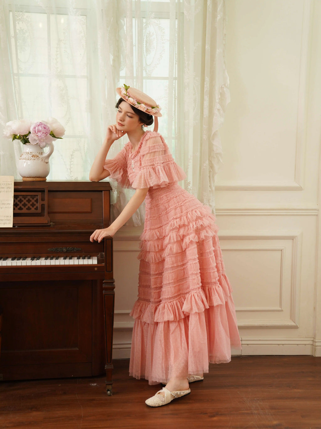 The Candy-Pink Promenade Gown | Hand-Embroidered Tiered Ballgown | Spring Mesh Cake Dress | Parisian Princess