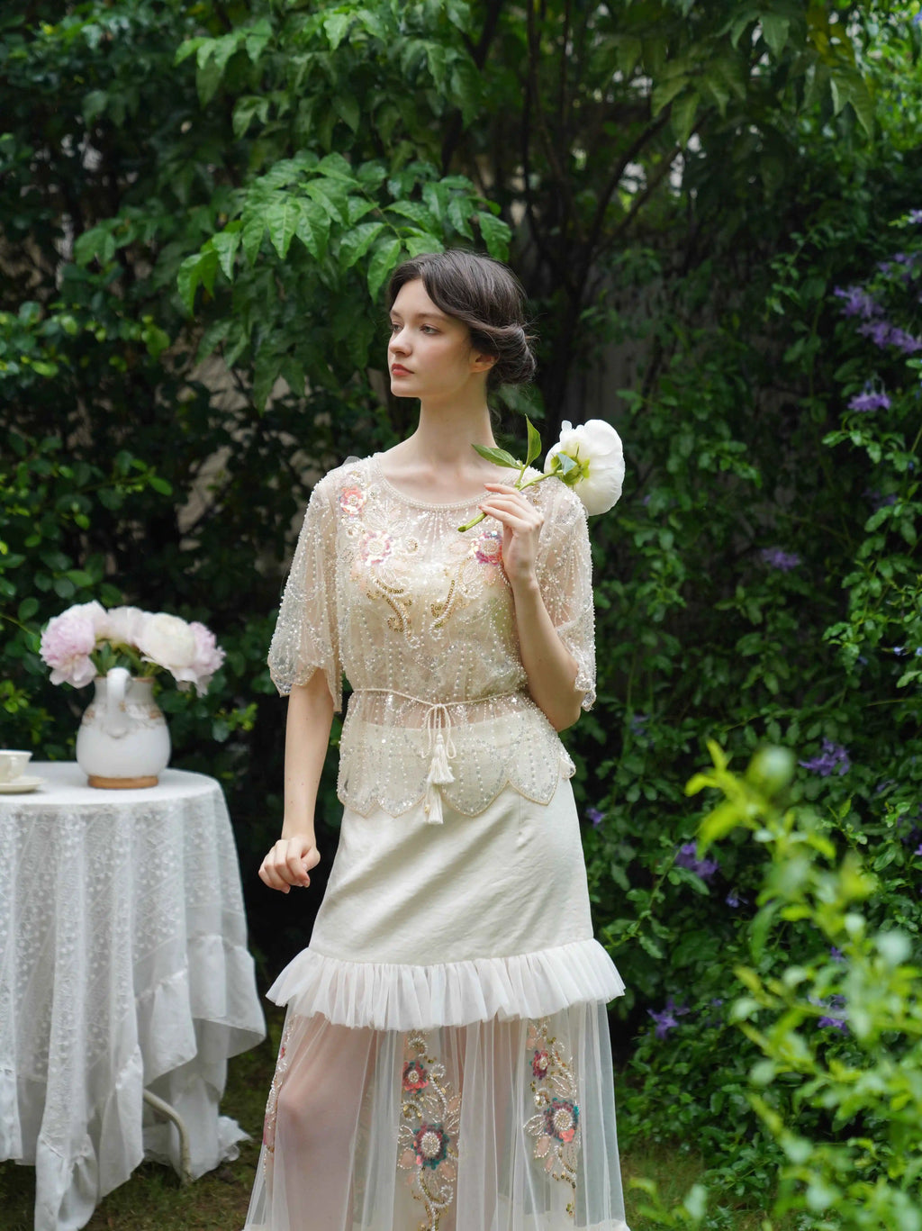 The Aurelia Beaded Gauze Skirt | Hand-Stitched Apricot Maxi | French Flounce Skirt with Ear Fringe | Parisian Princess