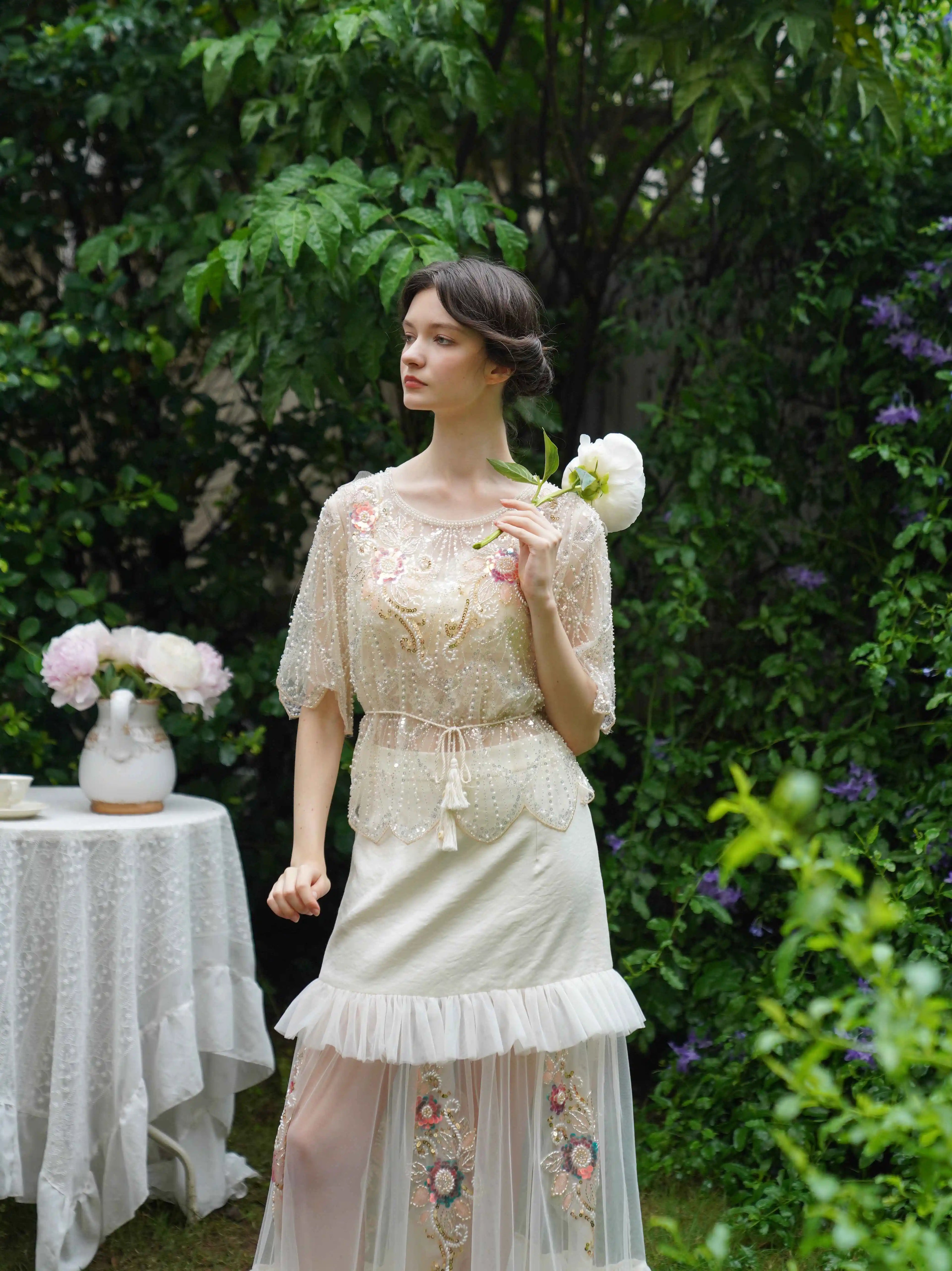 The Aurelia Beaded Gauze Skirt | Hand-Stitched Apricot Maxi | French Flounce Skirt with Ear Fringe | Parisian Princess