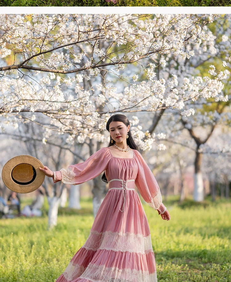 Parisian Long Maxi Women Ladies Dress Full Lantern Sleeve Pink Lace Patchwork 2025 New S-XL Spring Autumn Summer Square Collar