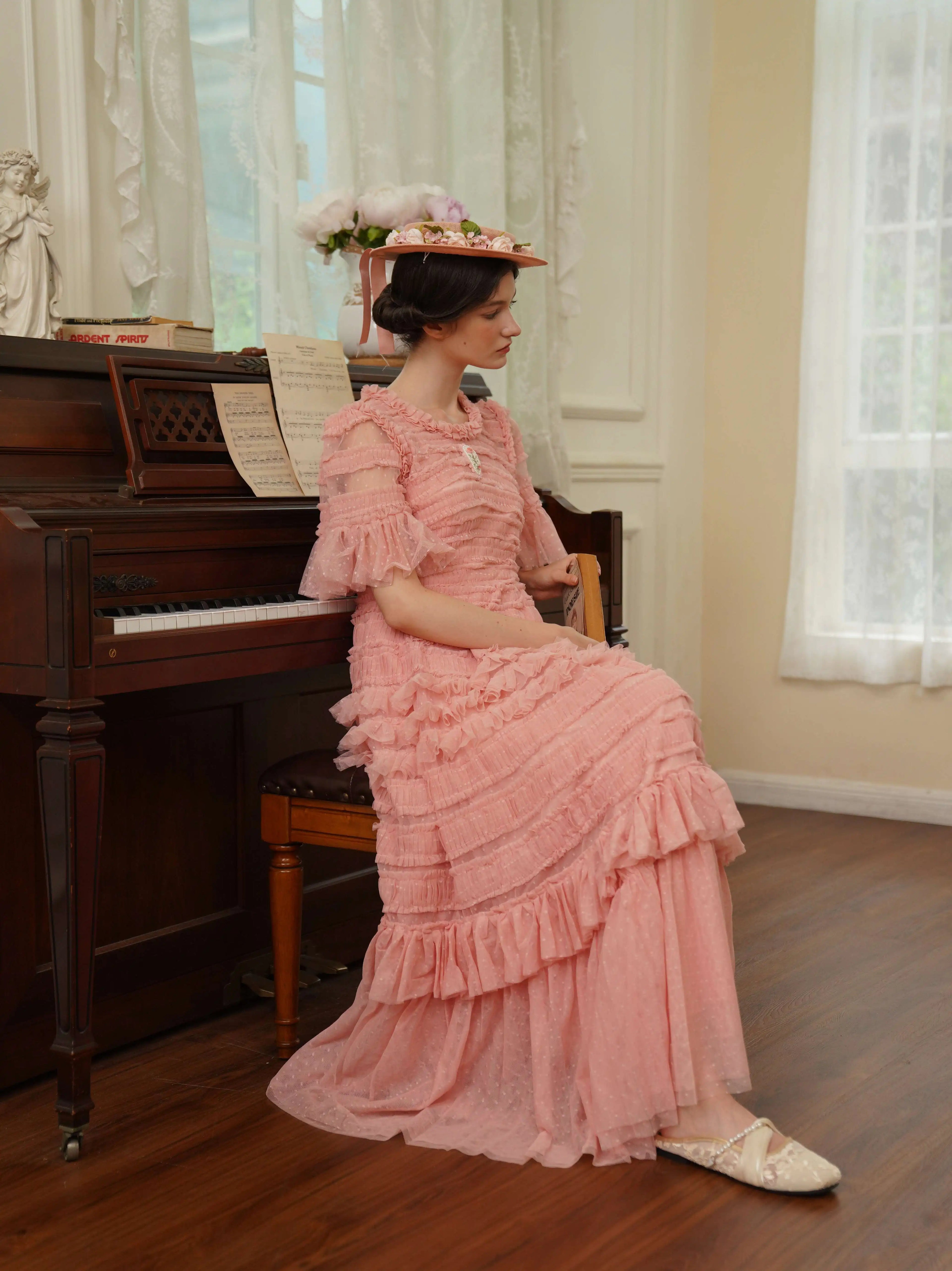 The Candy-Pink Promenade Gown | Hand-Embroidered Tiered Ballgown | Spring Mesh Cake Dress | Parisian Princess