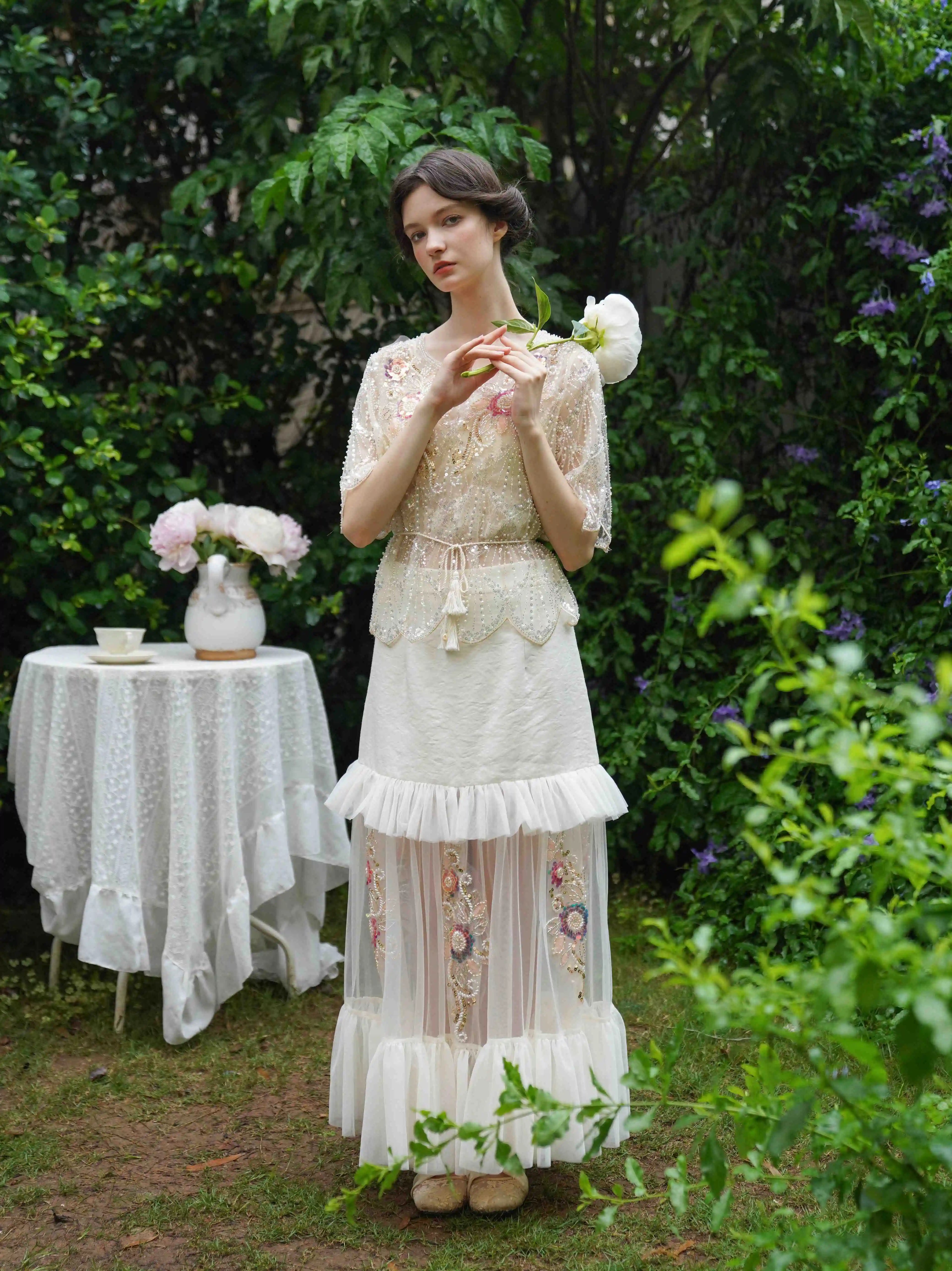 The Aurelia Beaded Gauze Skirt | Hand-Stitched Apricot Maxi | French Flounce Skirt with Ear Fringe | Parisian Princess