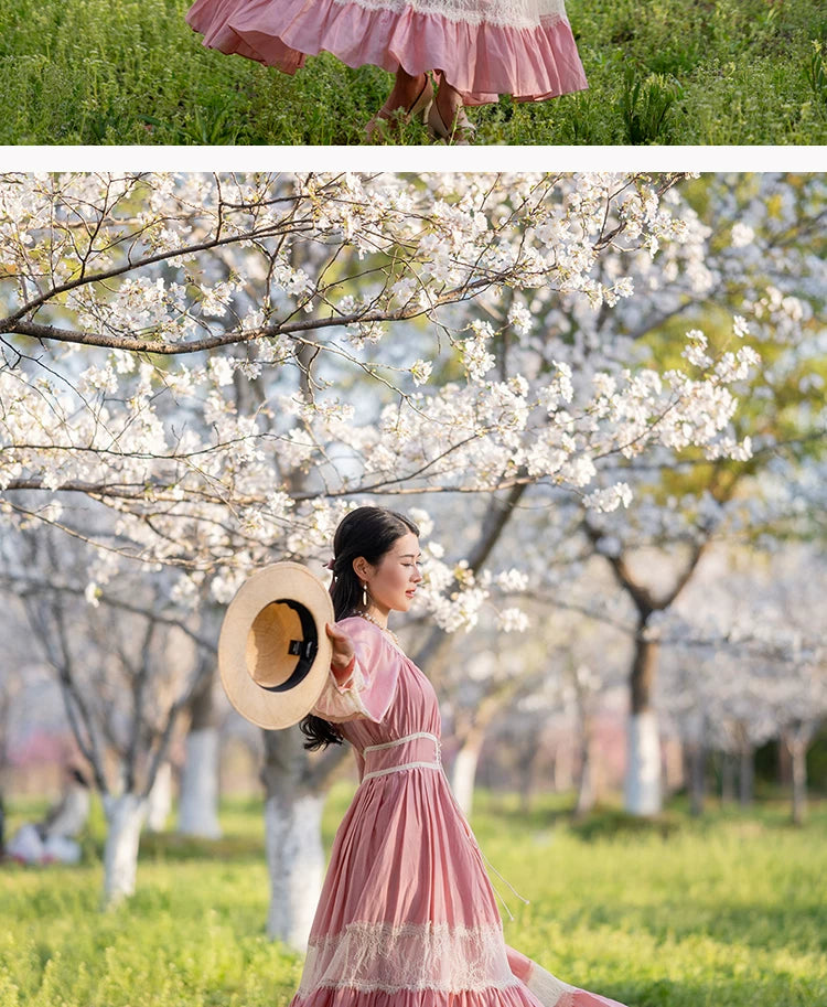 Parisian Long Maxi Women Ladies Dress Full Lantern Sleeve Pink Lace Patchwork 2025 New S-XL Spring Autumn Summer Square Collar