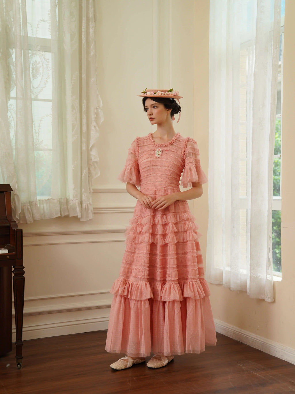 The Candy-Pink Promenade Gown | Hand-Embroidered Tiered Ballgown | Spring Mesh Cake Dress | Parisian Princess