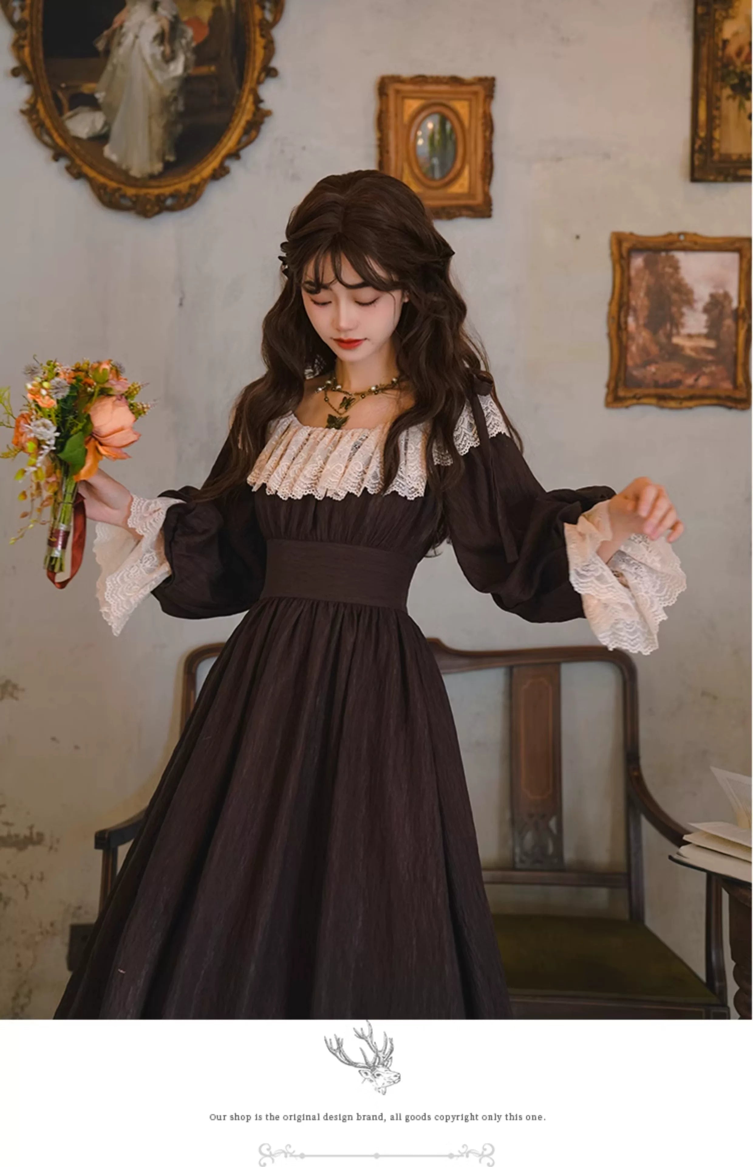 Parisian Women French Court Retro Lace Corset Puff Sleeve Jacquard Texture Dress