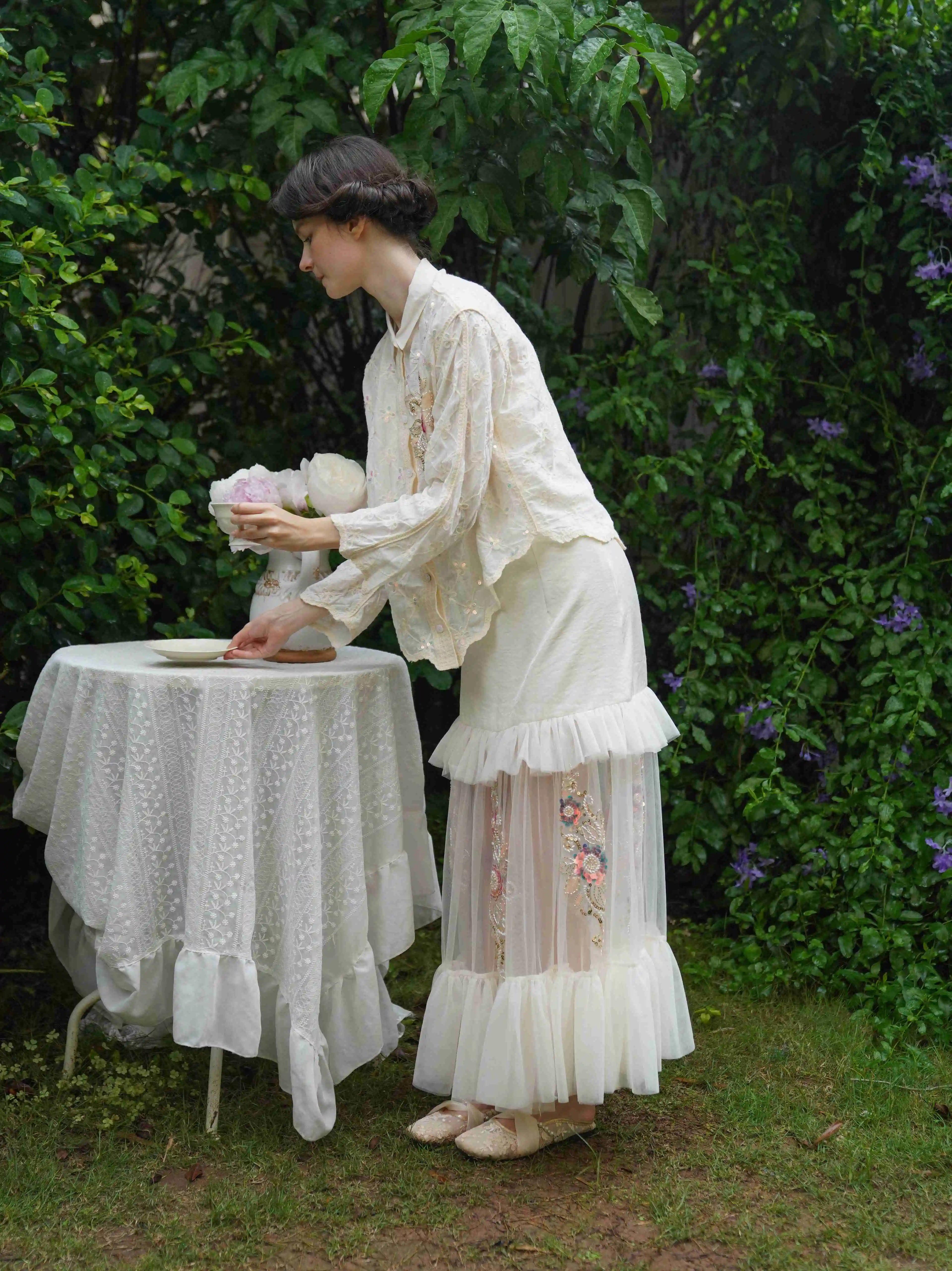 The Aurelia Beaded Gauze Skirt | Hand-Stitched Apricot Maxi | French Flounce Skirt with Ear Fringe | Parisian Princess