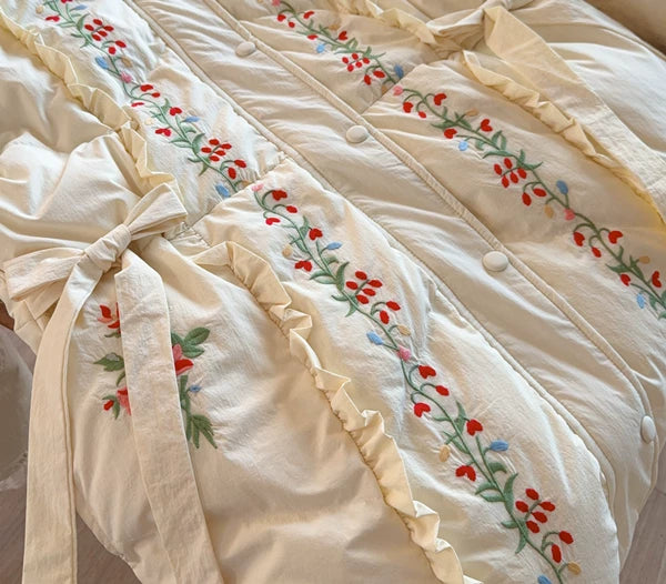 Parisian Women Full Sleeve Long Mid-Calf Thick Outerwear Hoode Zipper Down Jacket Embroidery Warm Coats Japanese Style