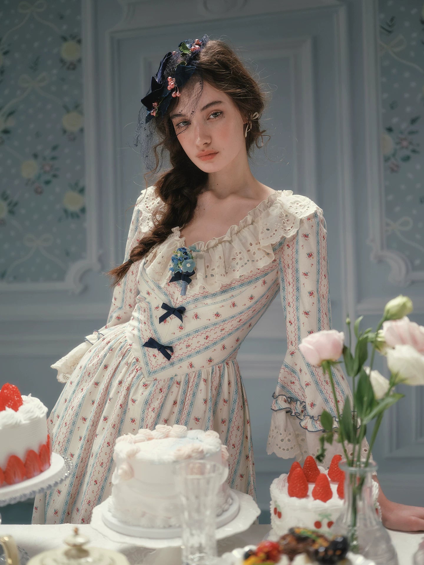 Parisian Cotton Lace Trimmed Women Dress Three Quarter Flare Sleeve Long Maxi Ladies V-Neck XS-XL Vintage High Waist Printed 2026