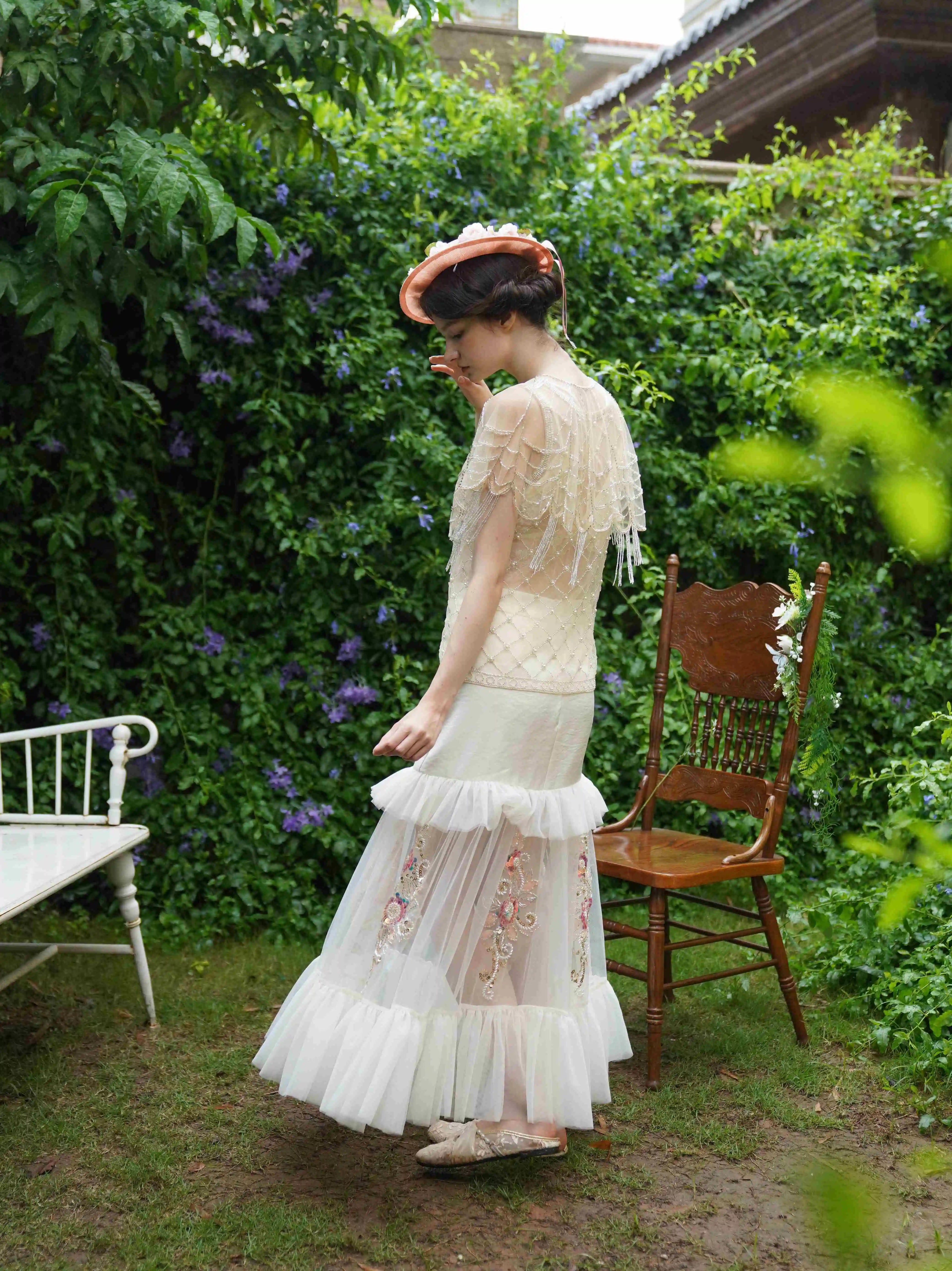 The Aurelia Beaded Gauze Skirt | Hand-Stitched Apricot Maxi | French Flounce Skirt with Ear Fringe | Parisian Princess