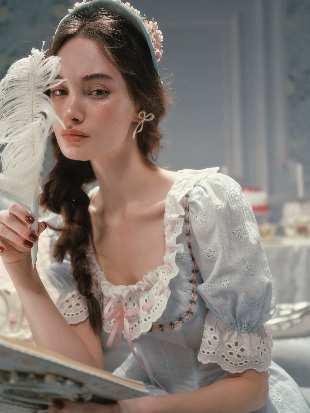 The La Croix Blue Lace Gown | Cotton Brocade Puff Sleeve Dress | Vintage Square Collar Midi | Parisian Princess