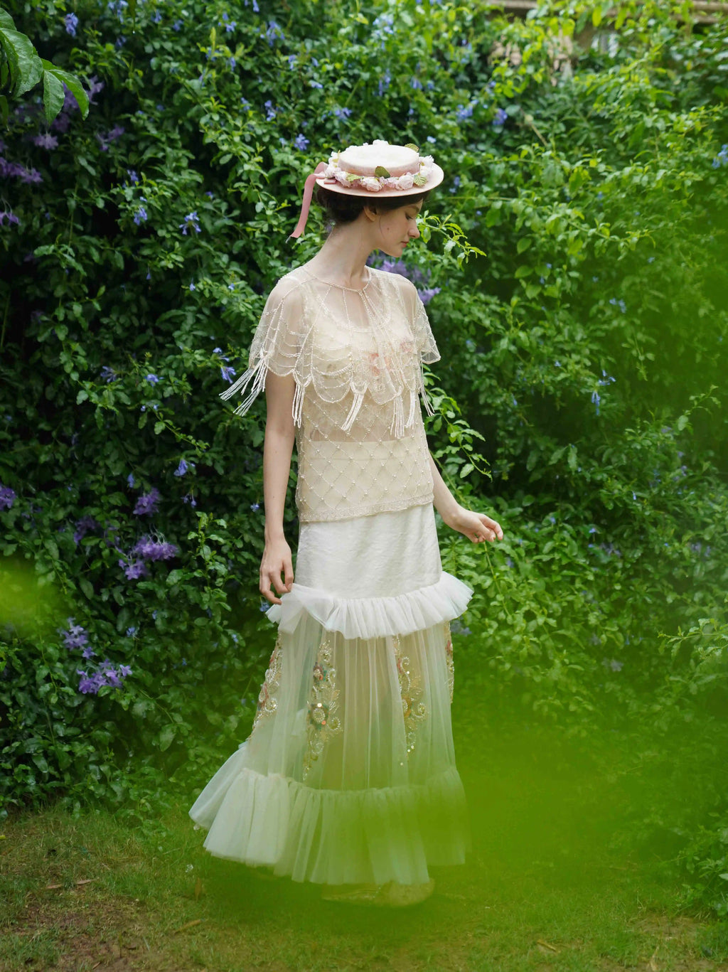 The Aurelia Beaded Gauze Skirt | Hand-Stitched Apricot Maxi | French Flounce Skirt with Ear Fringe | Parisian Princess