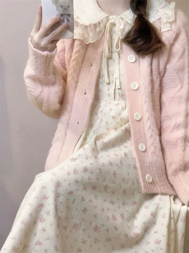Autumn Winter Parisian Sweet Super Fairy Knitting Cardigan Sweater Outwear + Doll Collar Floral Dress Two-piece Set Women's Clothing