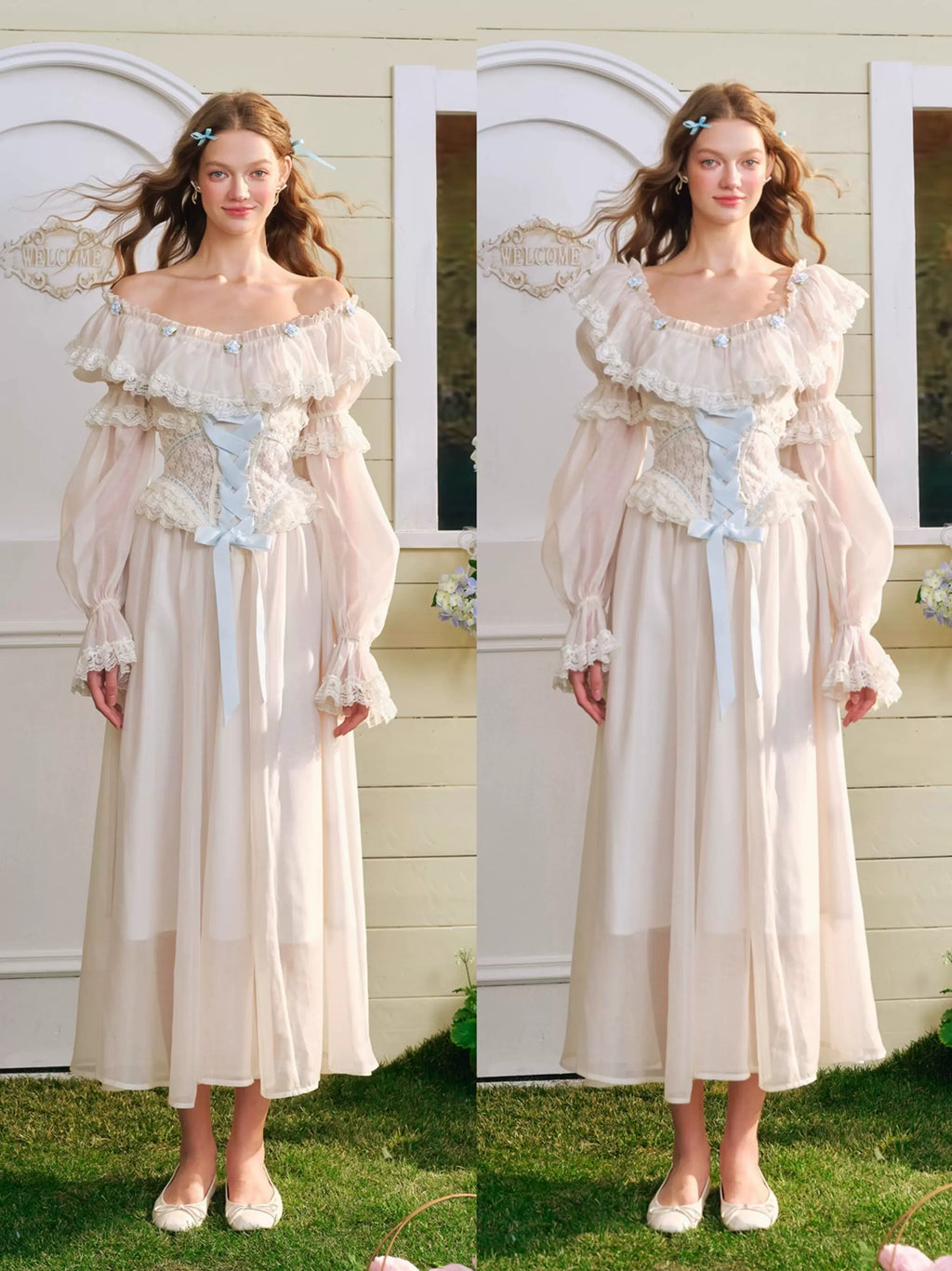 French Countryside Dress Full Lantern Sleeve Long Maxi Ladies XS-XL Vintage High Waist Lace Slash Neck White Lace Up 2025