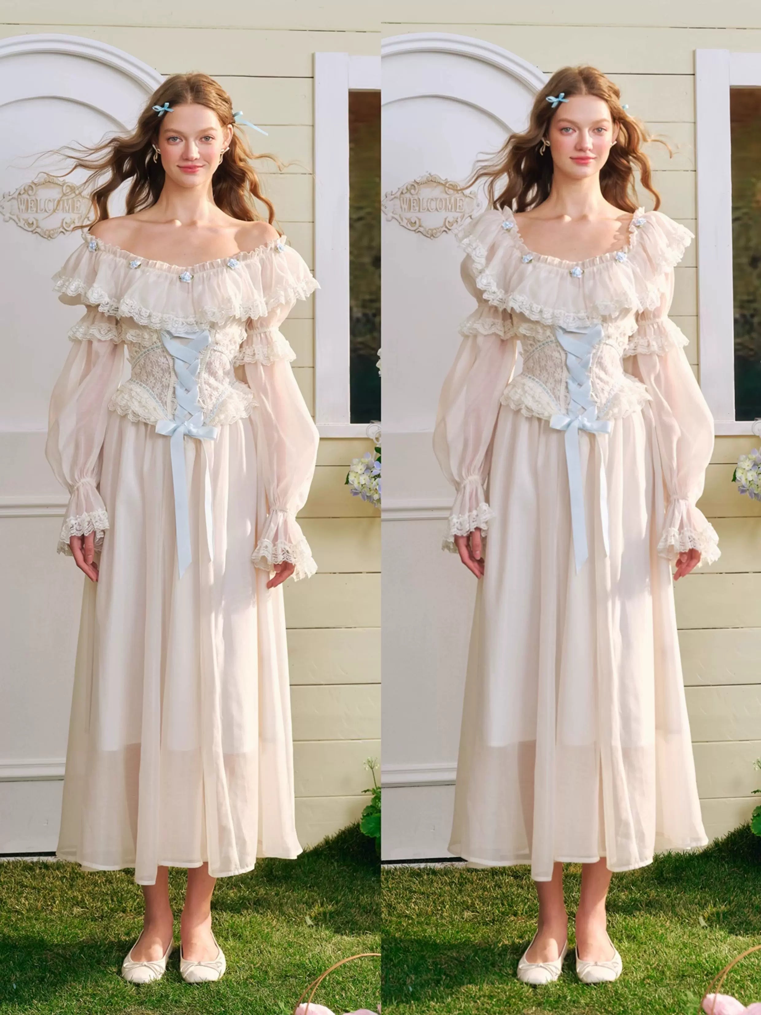 French Countryside Dress Full Lantern Sleeve Long Maxi Ladies XS-XL Vintage High Waist Lace Slash Neck White Lace Up 2025