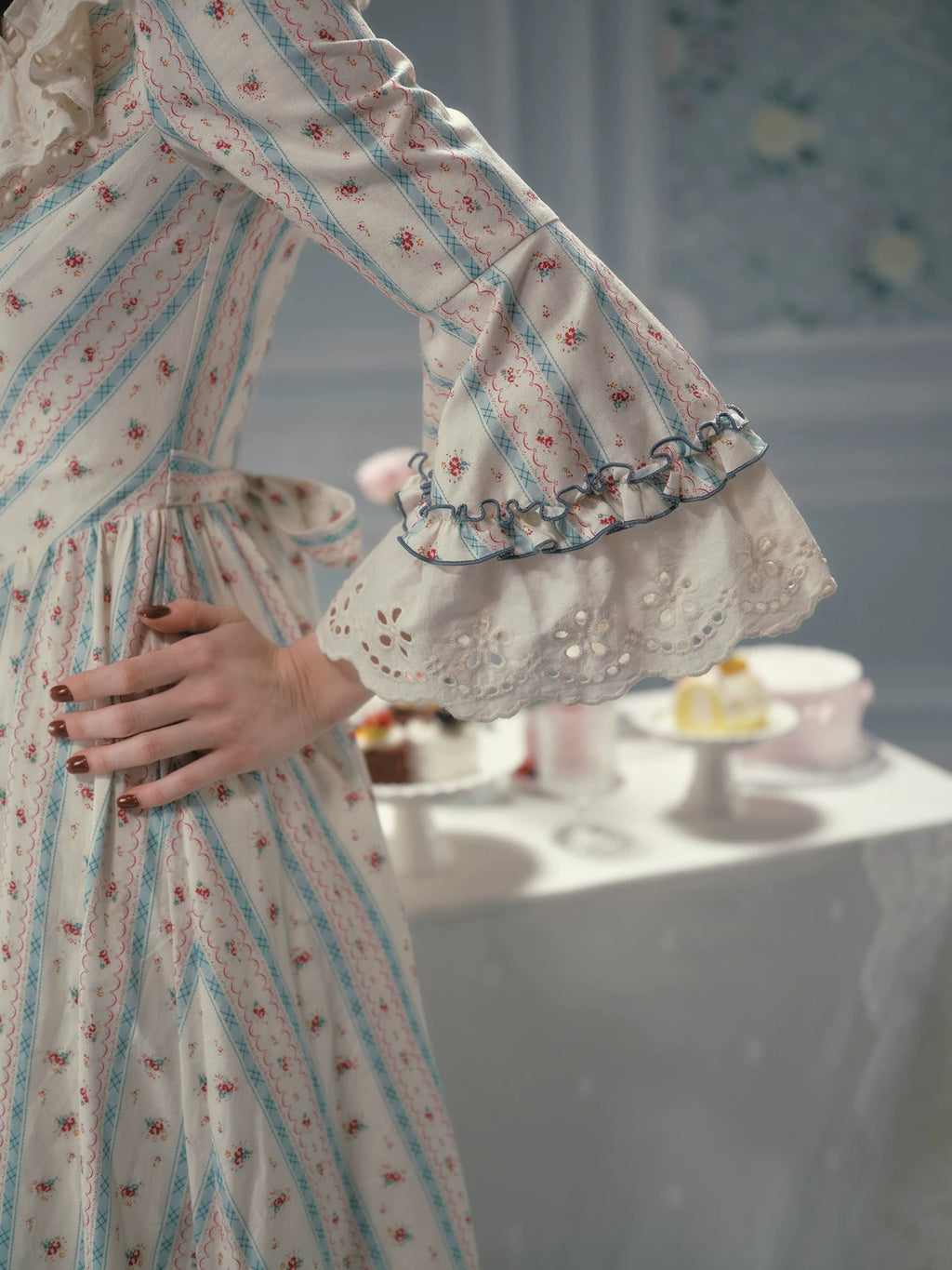 Parisian Cotton Lace Trimmed Women Dress Three Quarter Flare Sleeve Long Maxi Ladies V-Neck XS-XL Vintage High Waist Printed 2026