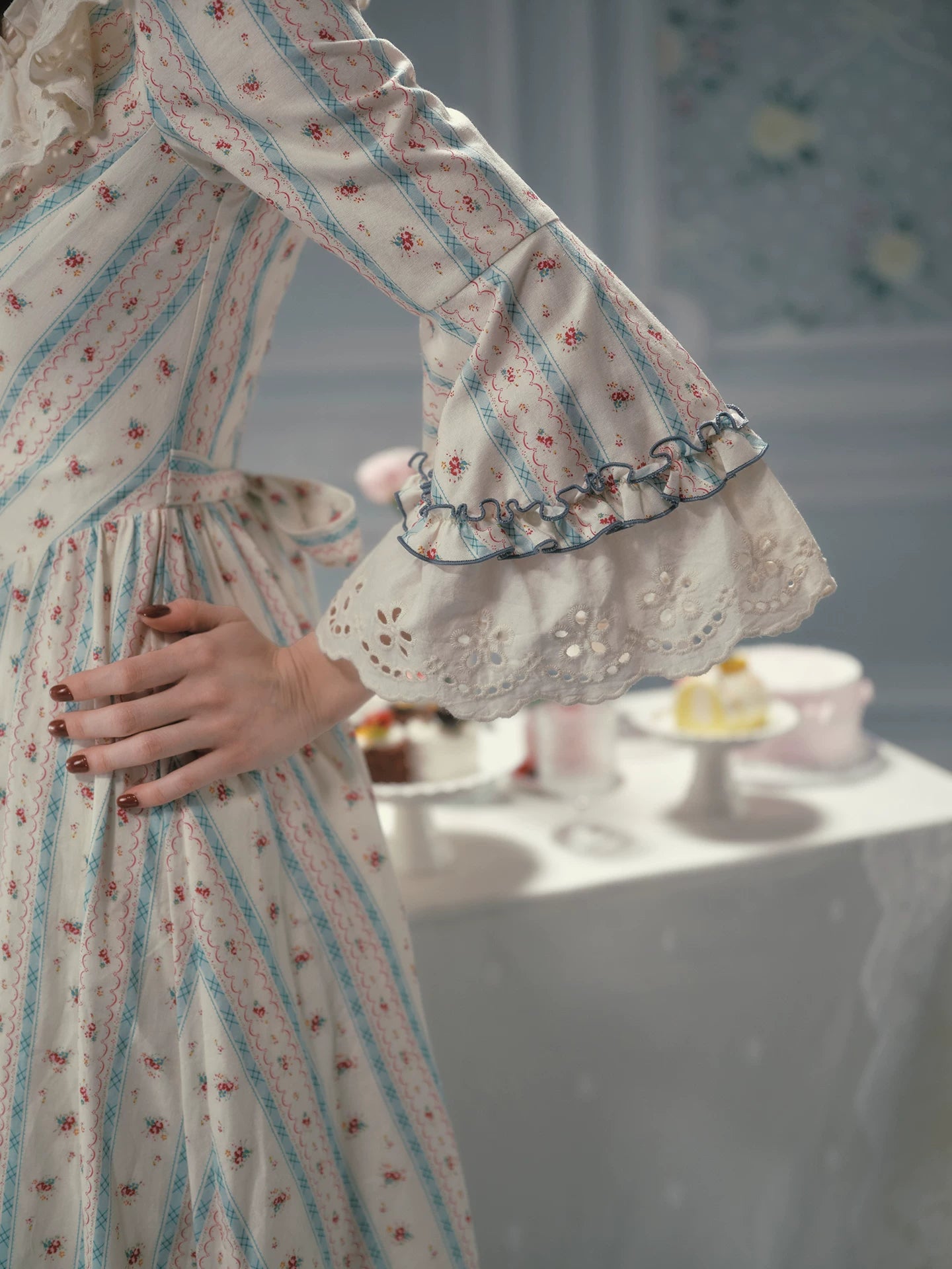 Parisian Cotton Lace Trimmed Women Dress Three Quarter Flare Sleeve Long Maxi Ladies V-Neck XS-XL Vintage High Waist Printed 2026