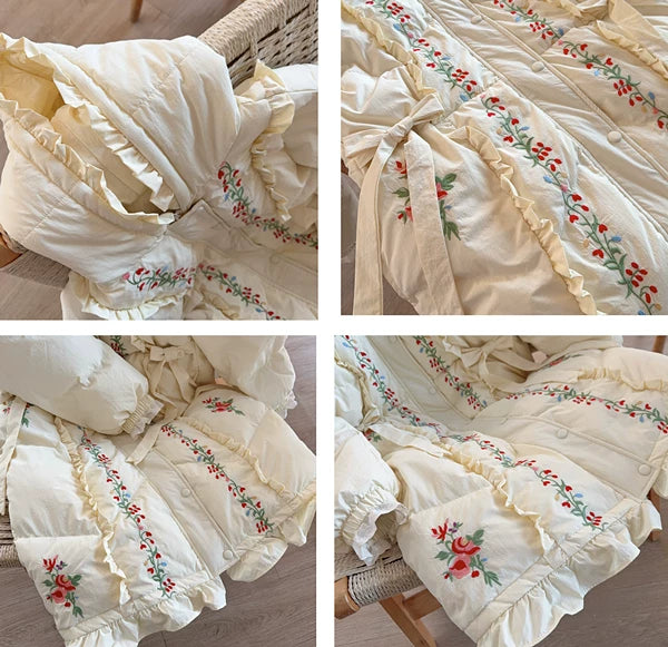 Parisian Women Full Sleeve Long Mid-Calf Thick Outerwear Hoode Zipper Down Jacket Embroidery Warm Coats Japanese Style