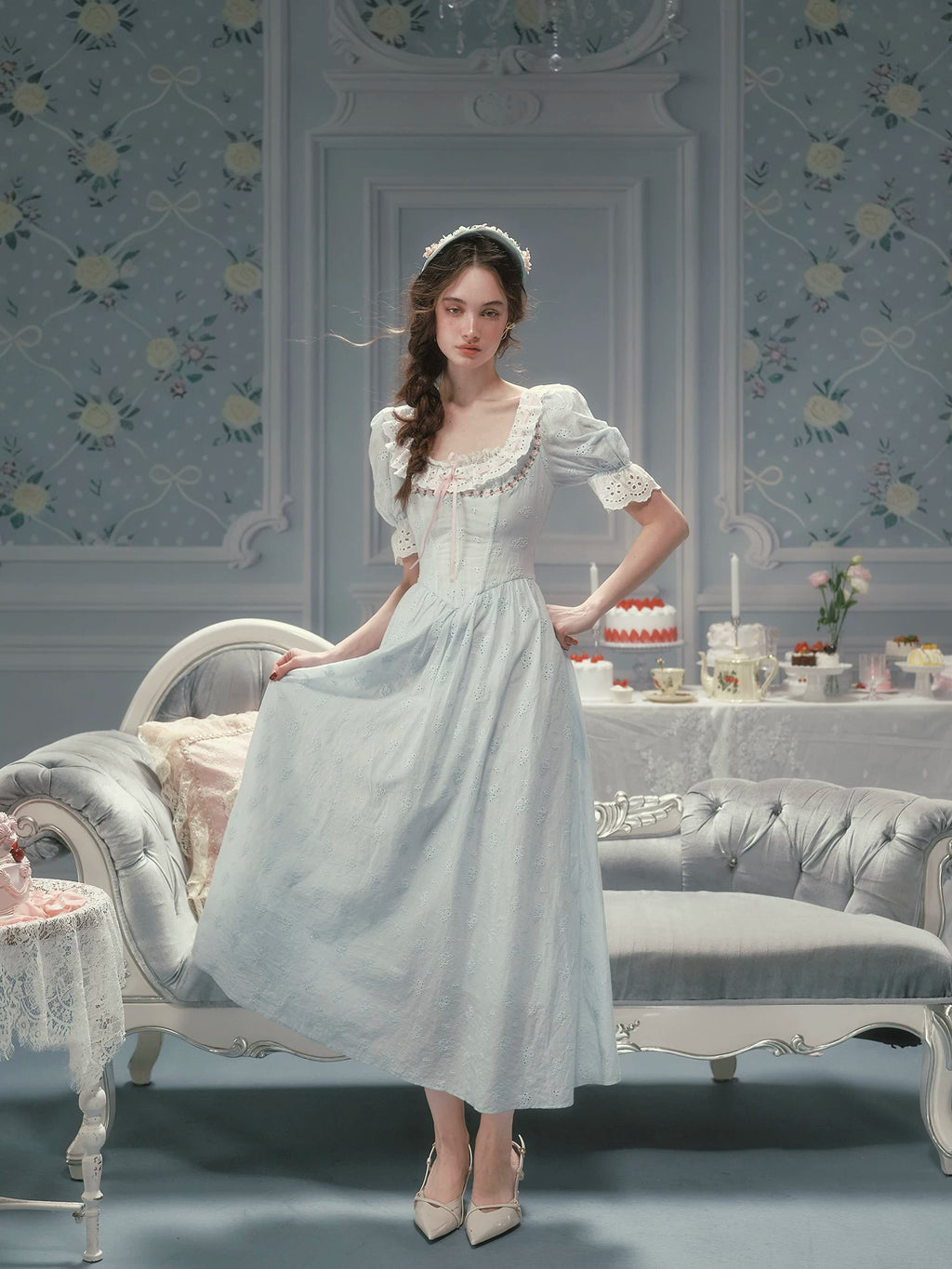 The La Croix Blue Lace Gown | Cotton Brocade Puff Sleeve Dress | Vintage Square Collar Midi | Parisian Princess