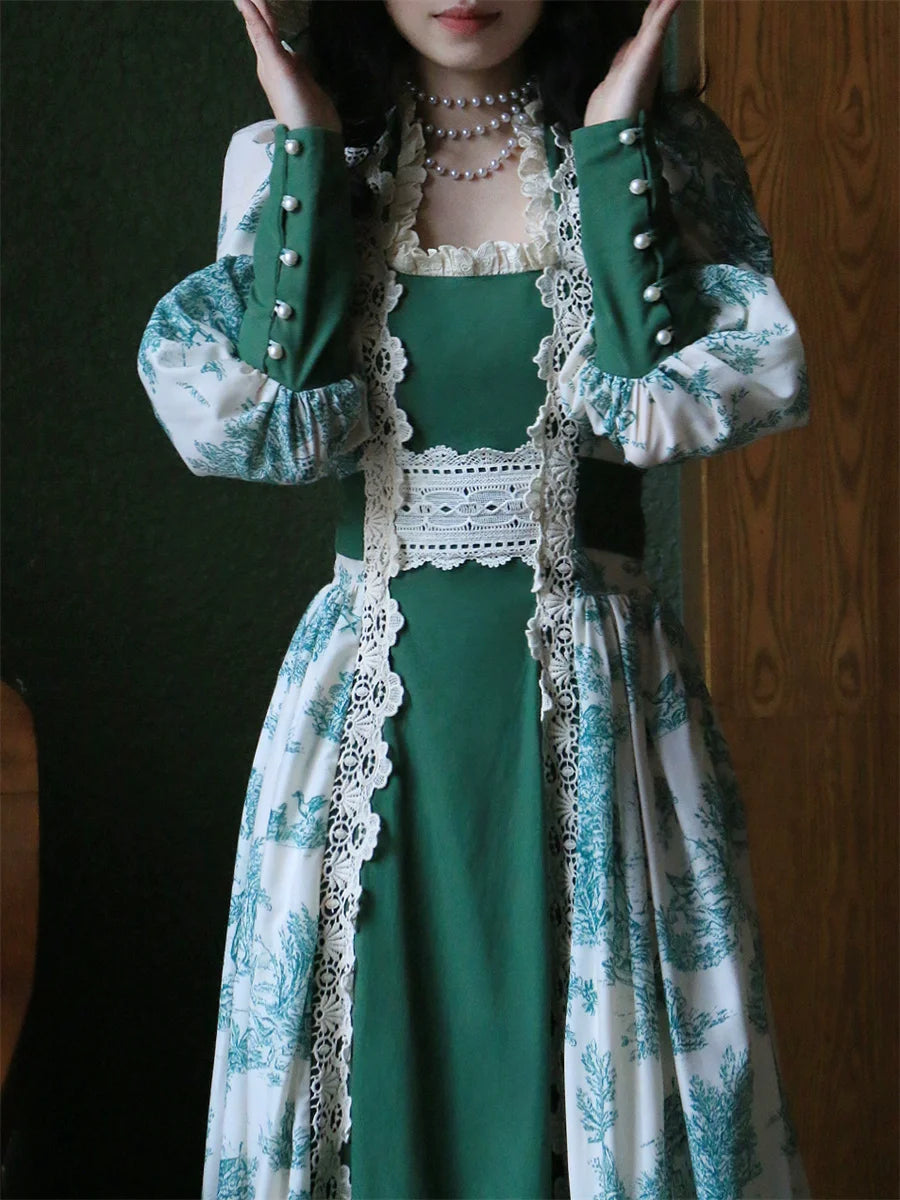 Parisian Original Design Women French Vintage Green Story Print Lacy Trimmings Cotton Dresses