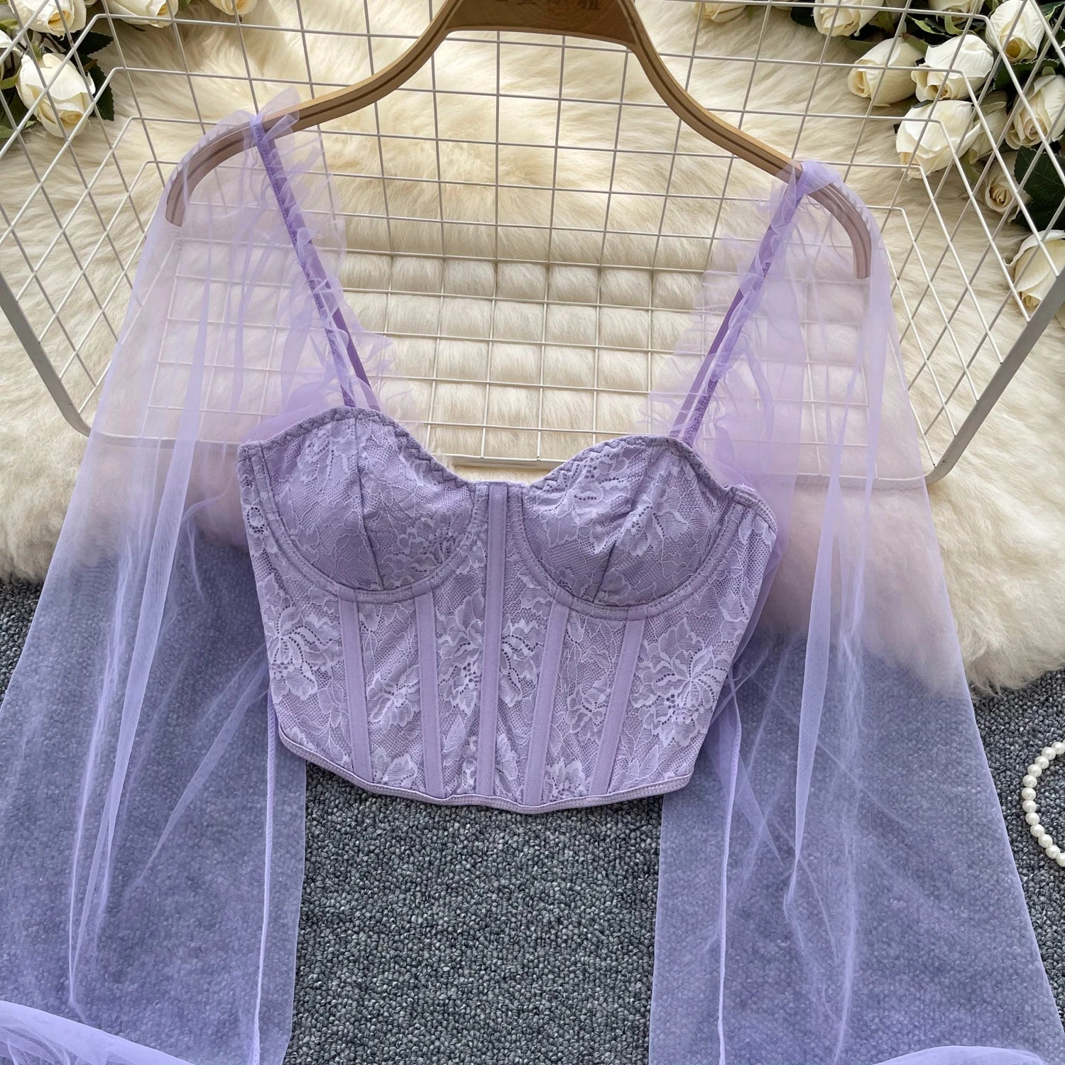 Women Chic Lace Mesh Sheer  Long Sleeve Backless Crop Top Solid Slim Parisian French Fashion Summer Women Shirt Square Collar