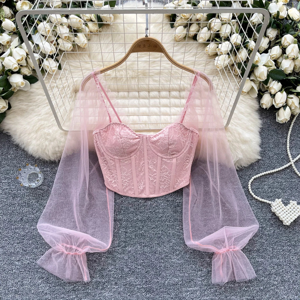 Women Chic Lace Mesh Sheer  Long Sleeve Backless Crop Top Solid Slim Parisian French Fashion Summer Women Shirt Square Collar