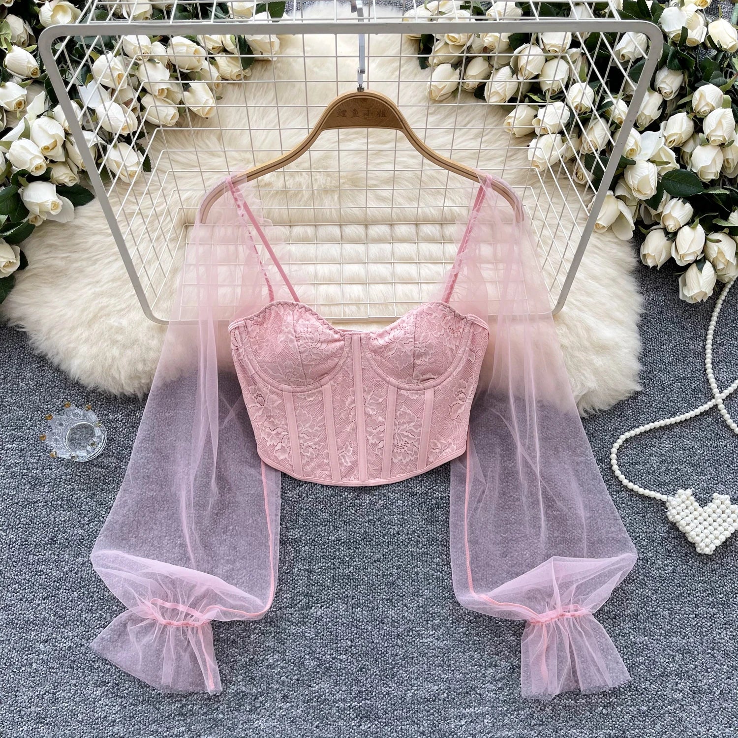 Women Chic Lace Mesh Sheer  Long Sleeve Backless Crop Top Solid Slim Parisian French Fashion Summer Women Shirt Square Collar