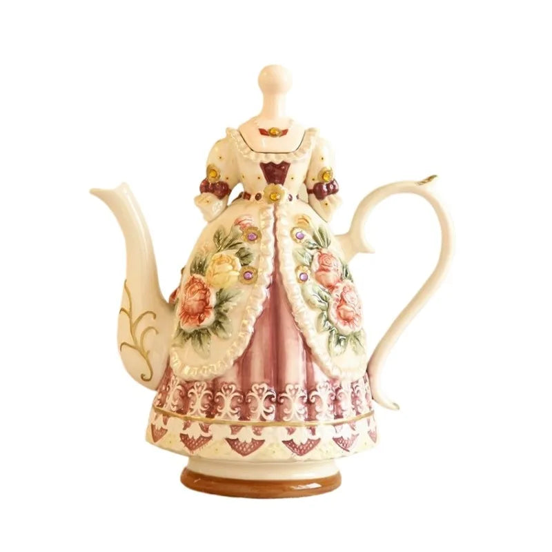 Hand Painted Relief Rose Coffee Pot Ceramic Teapot Elegant Luxury Teapots Aesthetic Retro Coffee Pots with Lid Tea Tableware