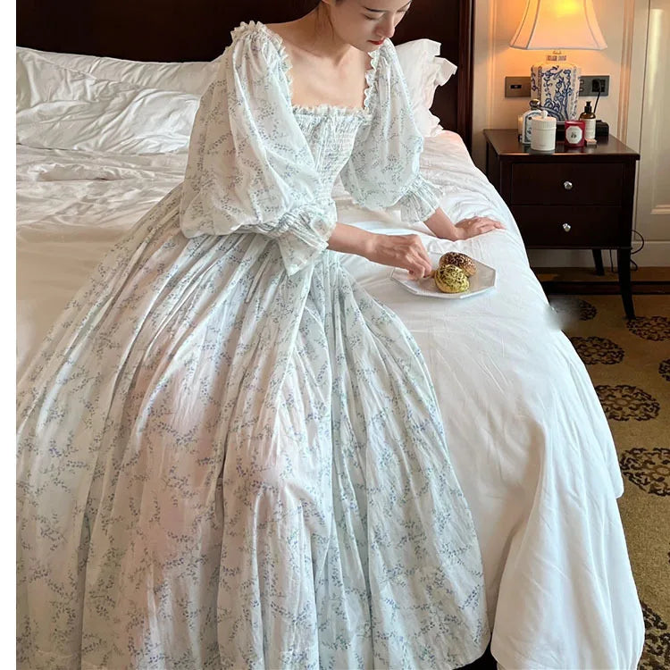 100% Cotton French Fairy Printed Nightgown French Retro Girl Sweet Home Outfit Long Nightdress Women