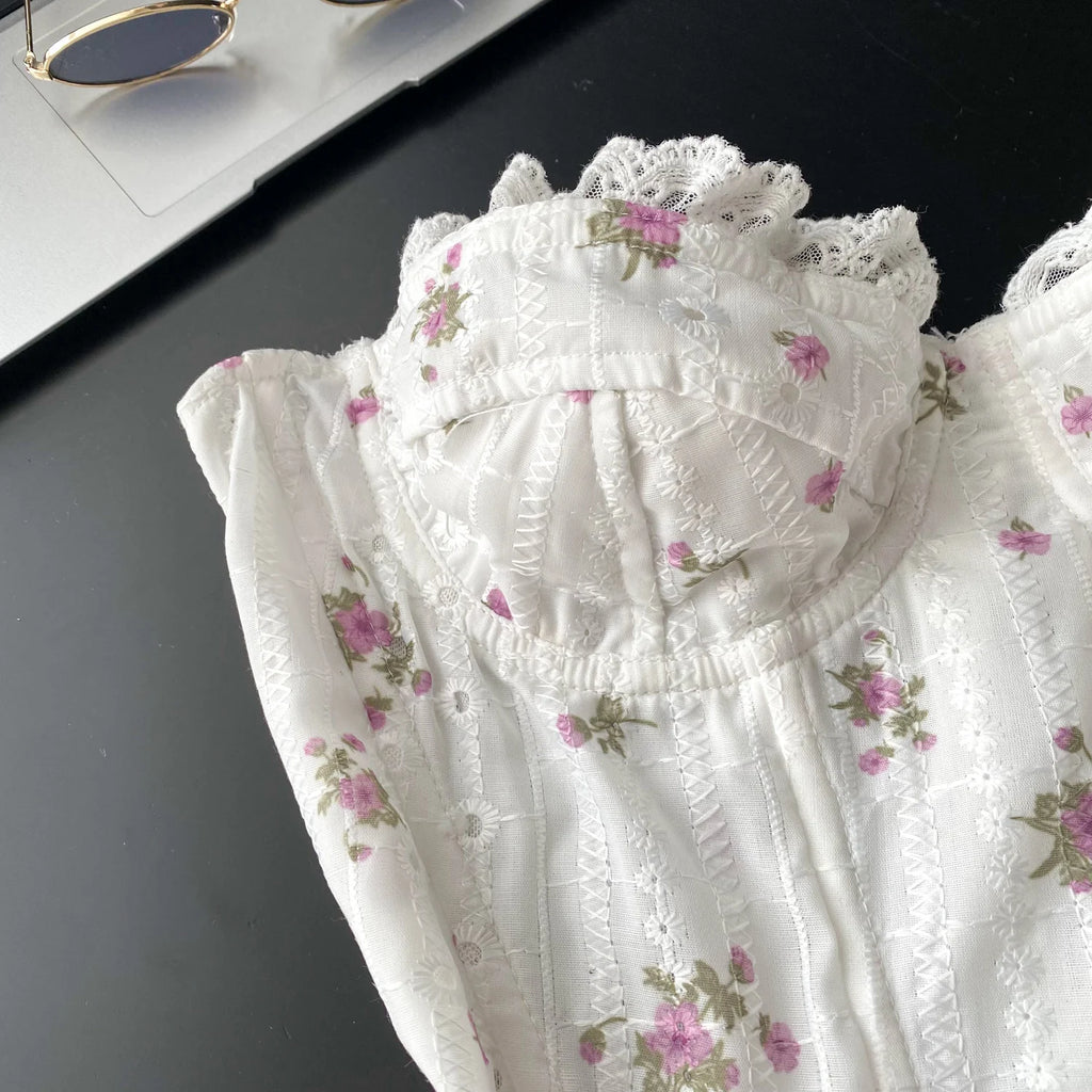 The Trianon Embroidered Corset | French Sweet Floral Lingerie Top | Hollow Out Backless Bandage Camisole | Parisian Princess