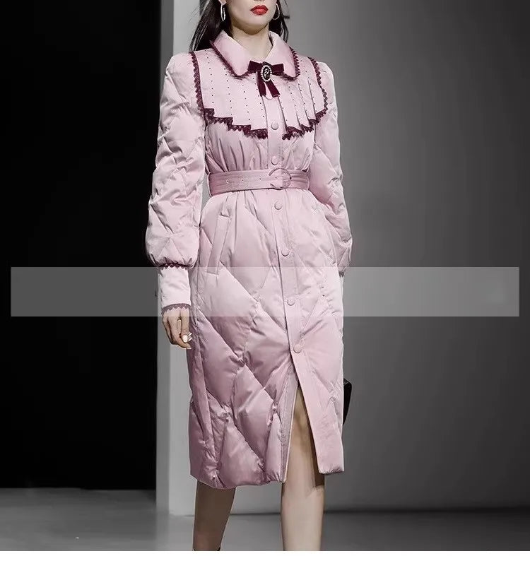 The Grand Trianon Gown Coat | Parisian Longline Bow-Waist Puffer | Elegant Doll Collar Lace-Up Down Jacket | Parisian Princess