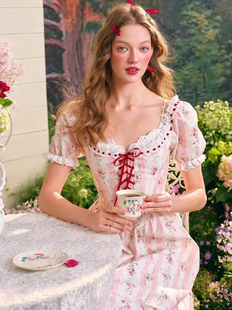 The Riviera Merlot Tea Gown | Puff Sleeve Floral Maxi | French Vintage Cotton Princess Dress