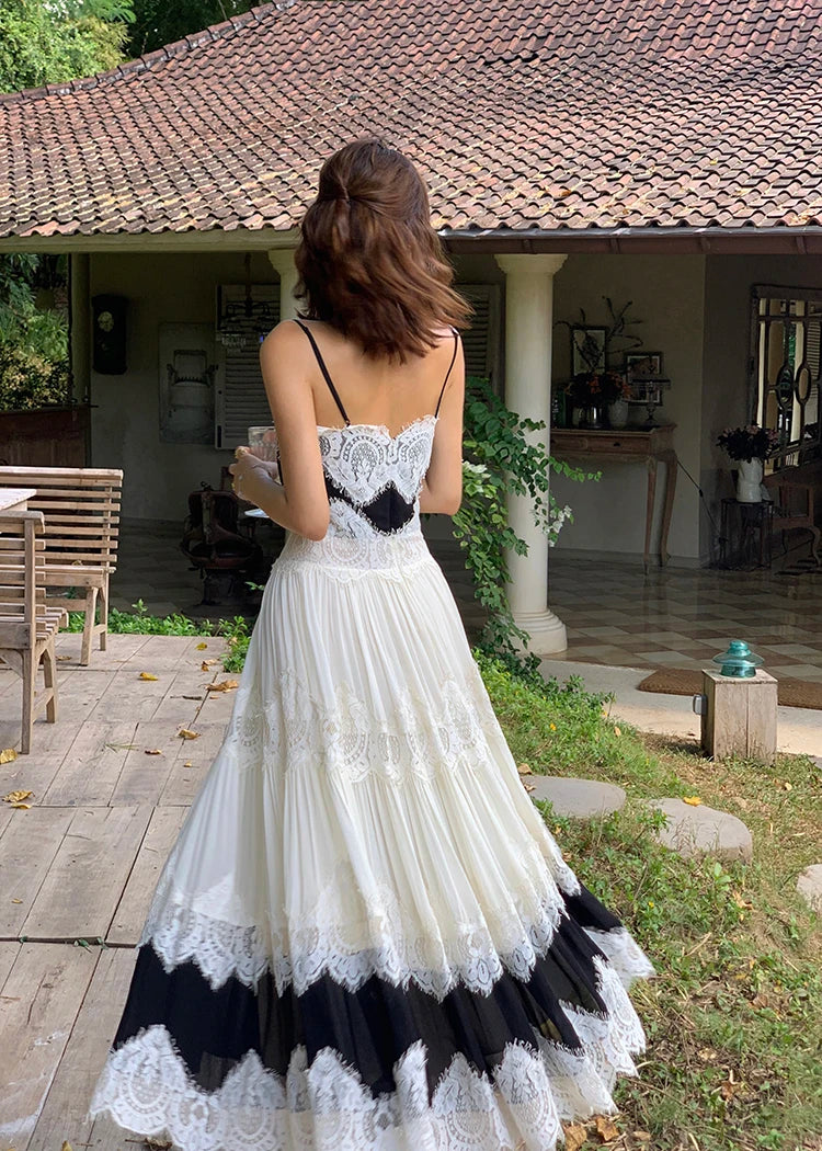 The Midnight Shore Gown | Gothica Summer Holiday Suspenders Dress | Backless Lace Patchwork Vacation Sling | Parisian Princess